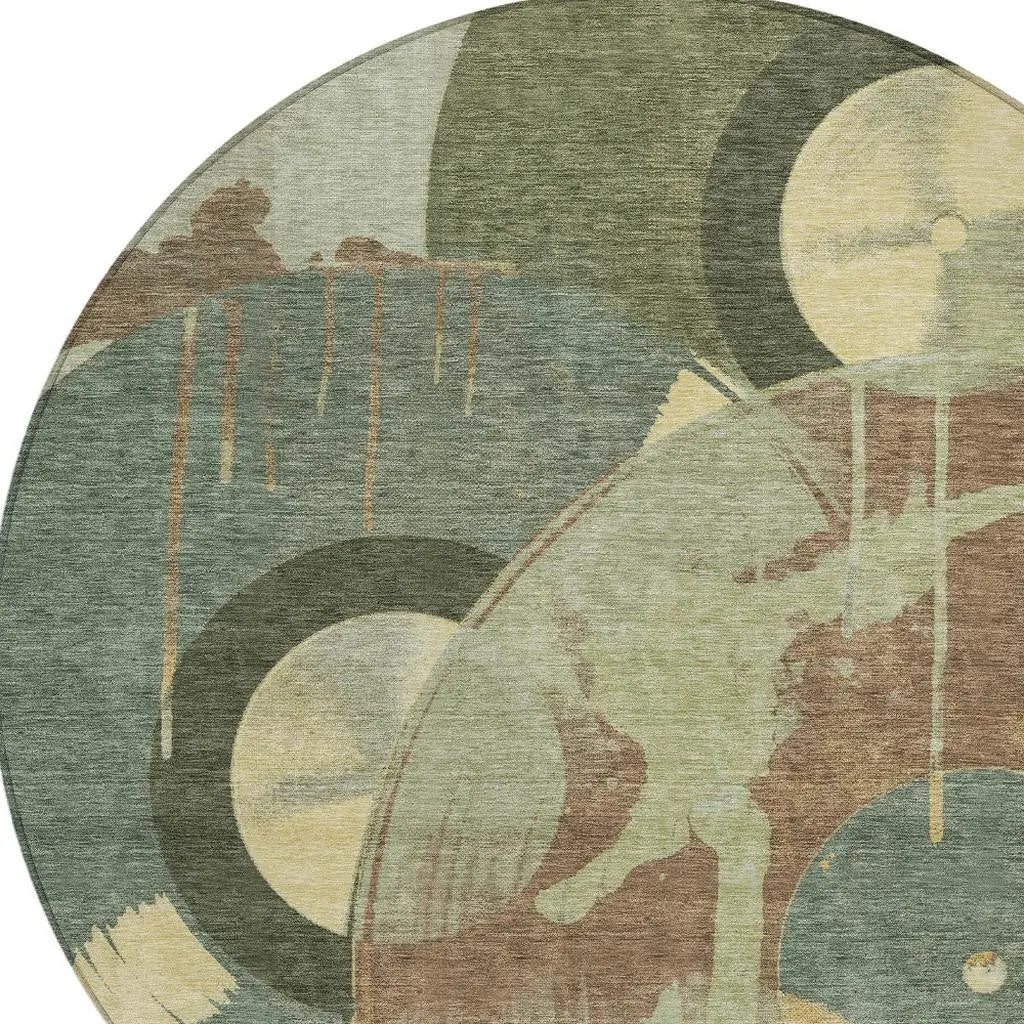 8' Green And Brown Round Geometric Washable Indoor Outdoor Area Rug Homeroots Outdoor