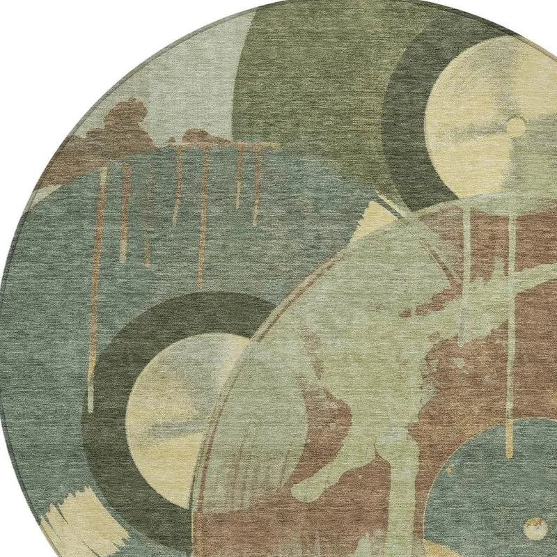 8' Green And Brown Round Geometric Washable Indoor Outdoor Area Rug Homeroots Outdoor