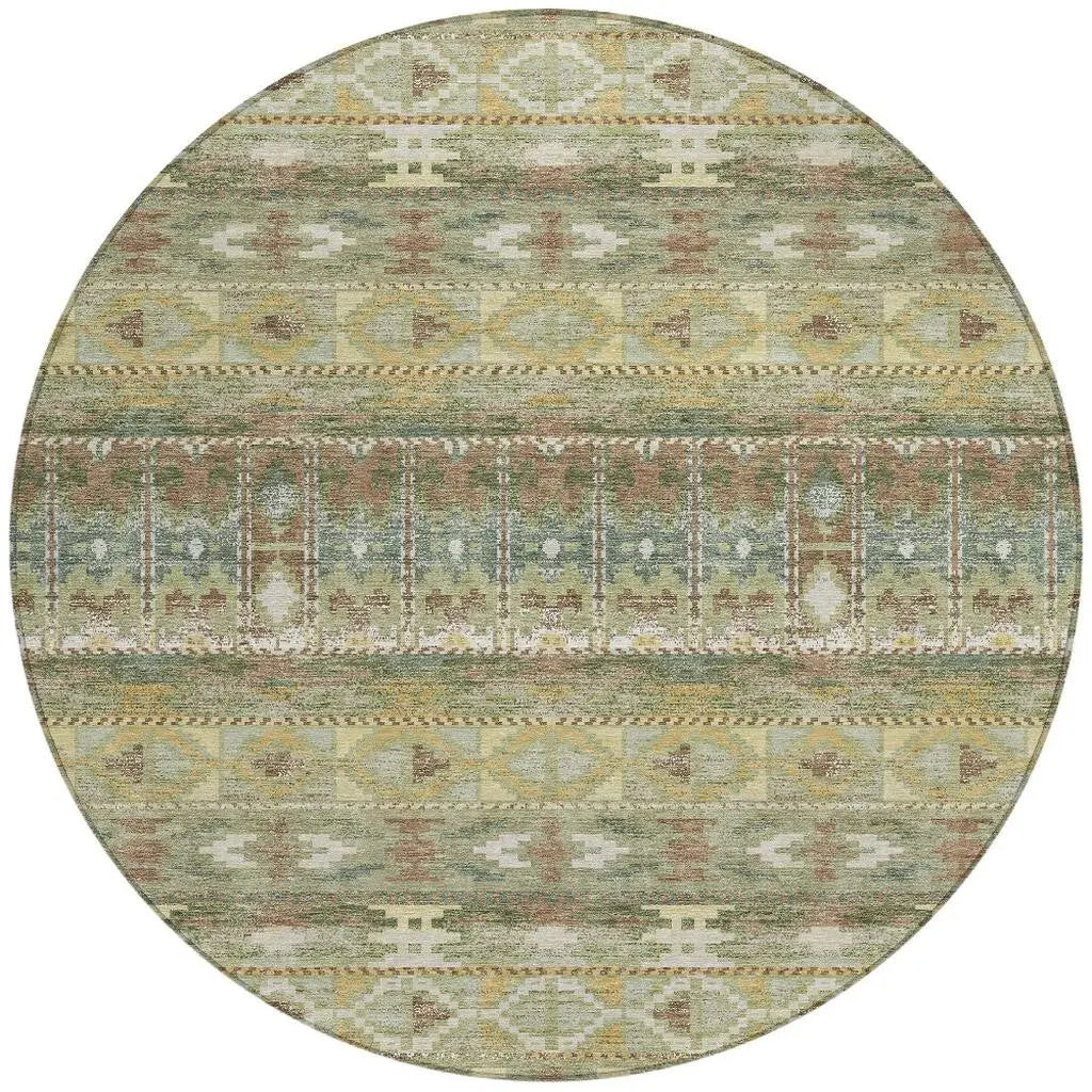 8' Green And Brown Round Geometric Washable Indoor Outdoor Area Rug Homeroots Outdoor
