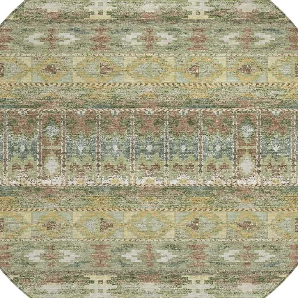8' Green And Brown Round Geometric Washable Indoor Outdoor Area Rug Homeroots Outdoor