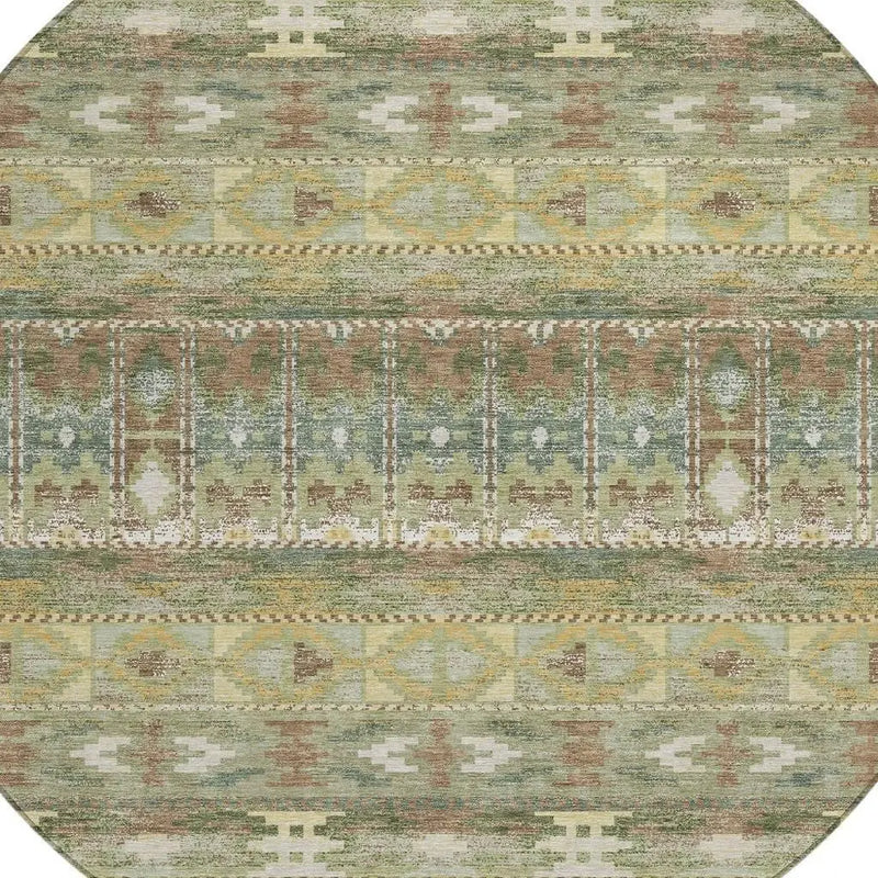 8' Green And Brown Round Geometric Washable Indoor Outdoor Area Rug Homeroots Outdoor