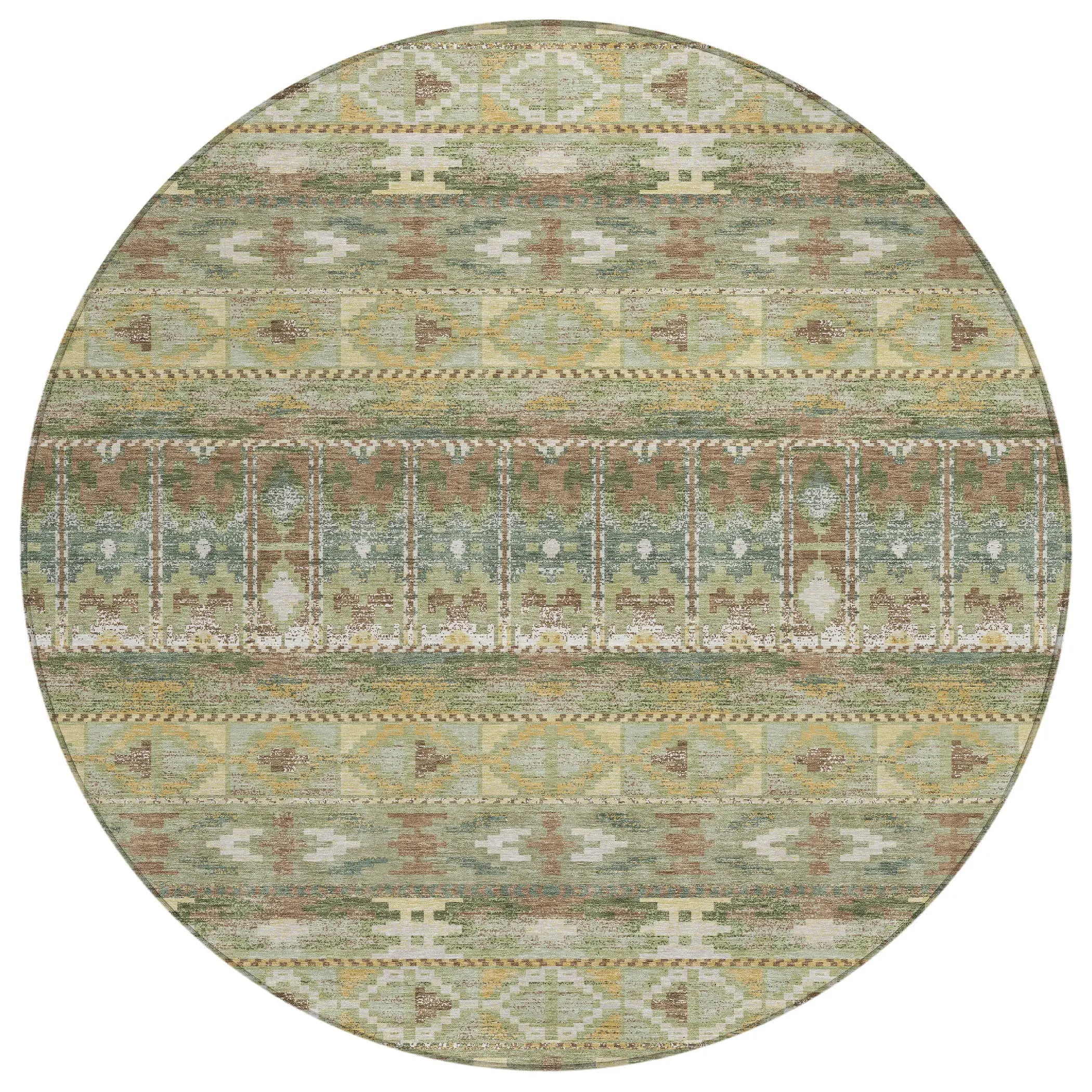 8' Green And Brown Round Geometric Washable Indoor Outdoor Area Rug Homeroots Outdoor