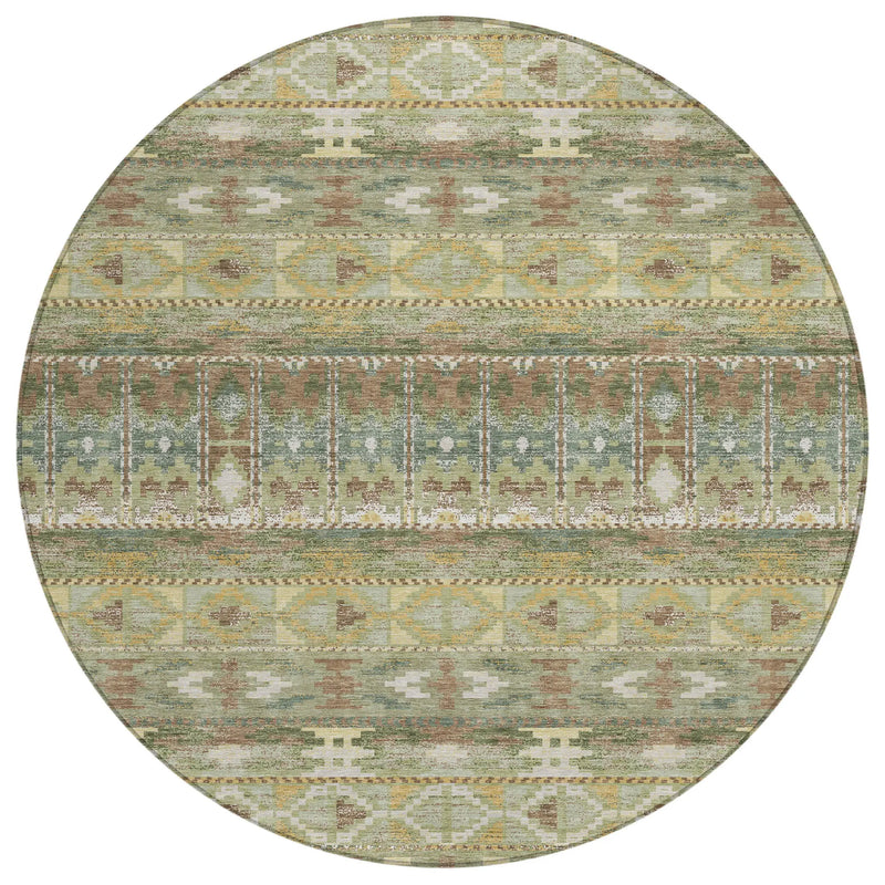 8' Green And Brown Round Geometric Washable Indoor Outdoor Area Rug Homeroots Outdoor