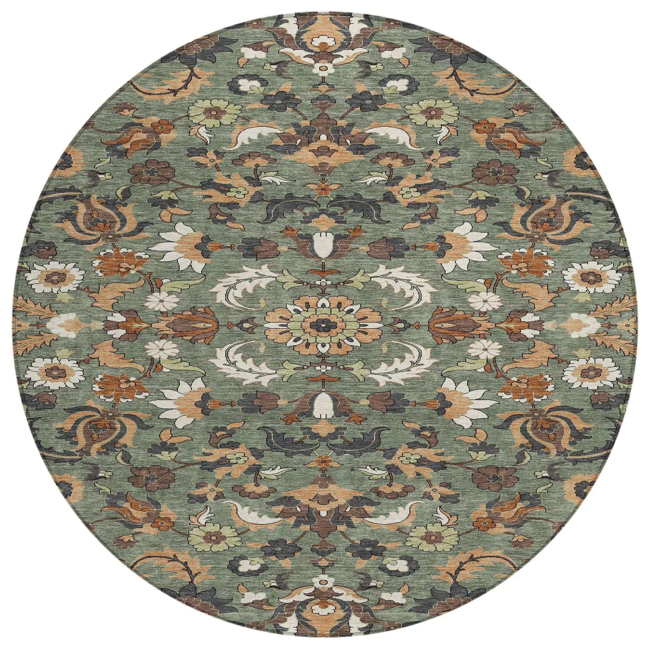 8' Green And Charcoal Round Floral Medallion Washable Indoor Outdoor Area Rug Homeroots Outdoor