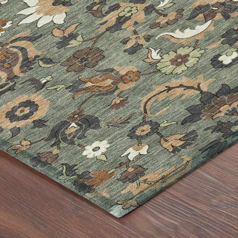 8' Green And Charcoal Round Floral Medallion Washable Indoor Outdoor Area Rug Homeroots Outdoor