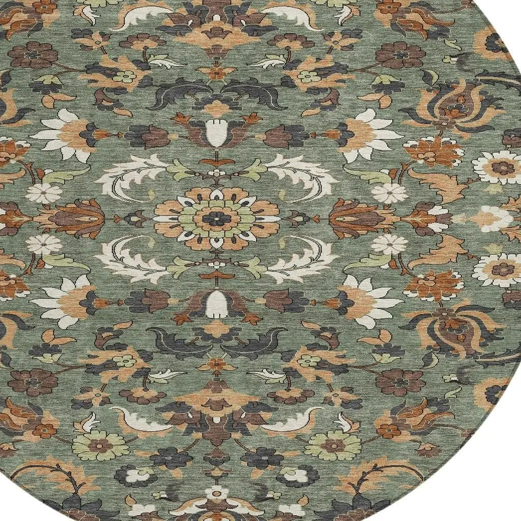 8' Green And Charcoal Round Floral Medallion Washable Indoor Outdoor Area Rug Homeroots Outdoor