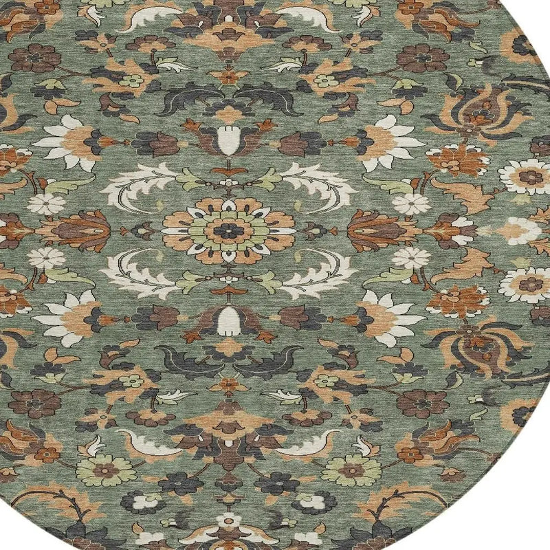8' Green And Charcoal Round Floral Medallion Washable Indoor Outdoor Area Rug Homeroots Outdoor