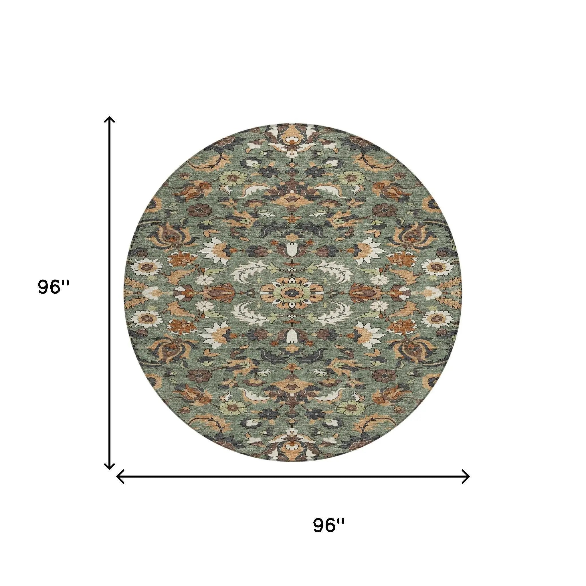 8' Green And Charcoal Round Floral Medallion Washable Indoor Outdoor Area Rug Homeroots Outdoor