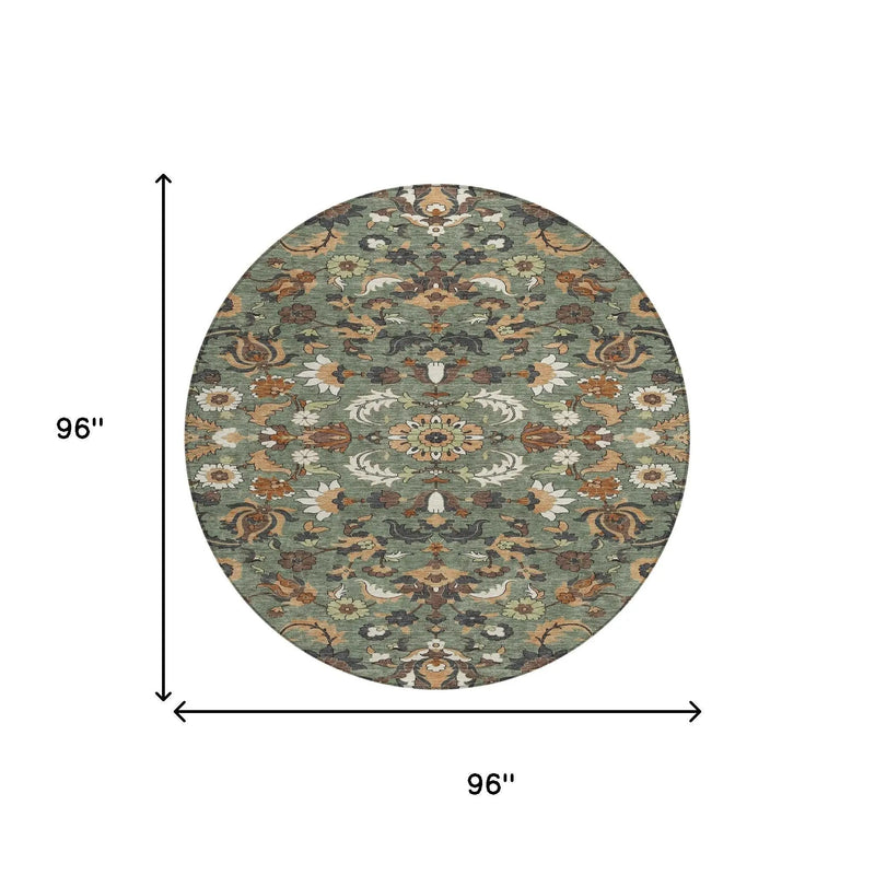 8' Green And Charcoal Round Floral Medallion Washable Indoor Outdoor Area Rug Homeroots Outdoor