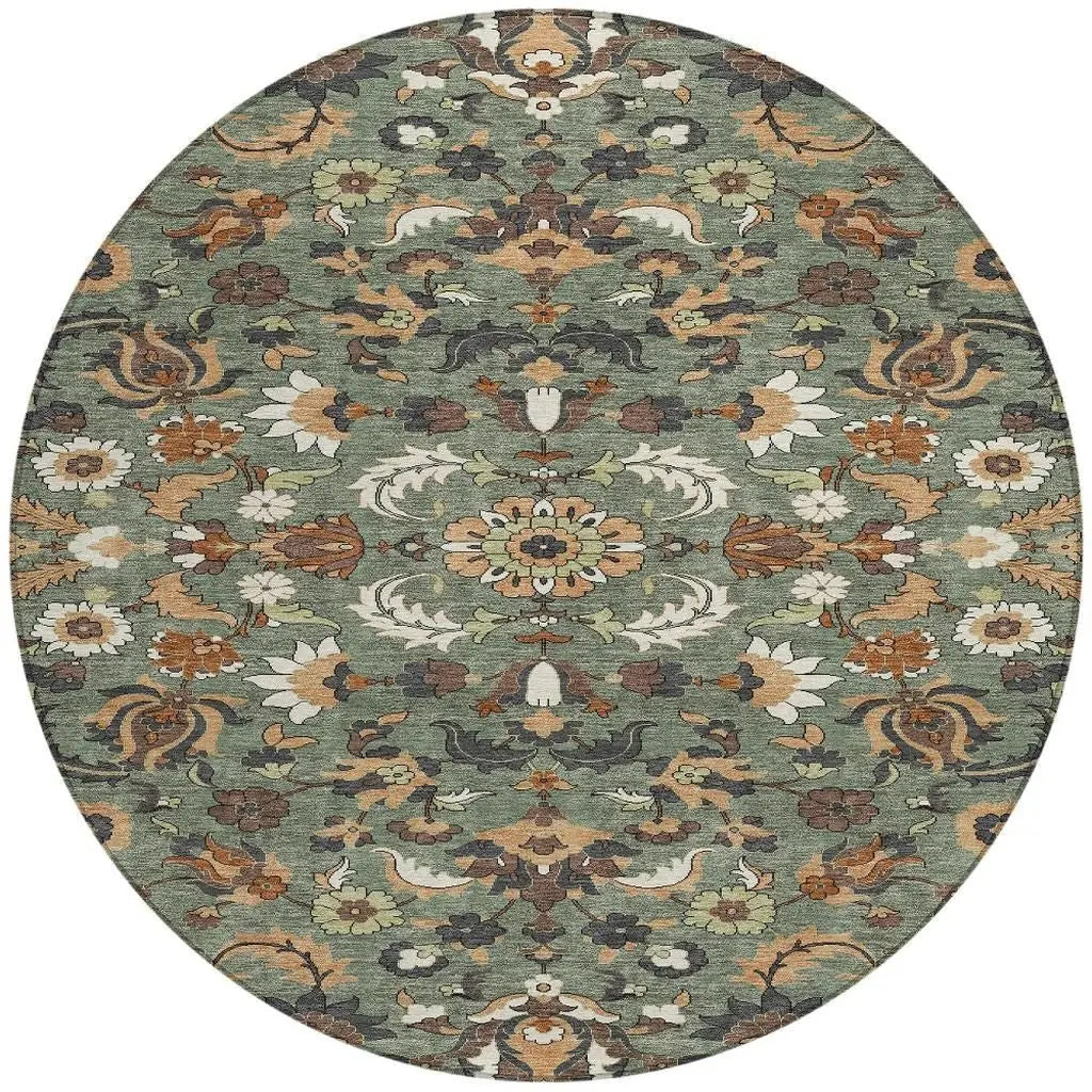 8' Green And Charcoal Round Floral Medallion Washable Indoor Outdoor Area Rug Homeroots Outdoor
