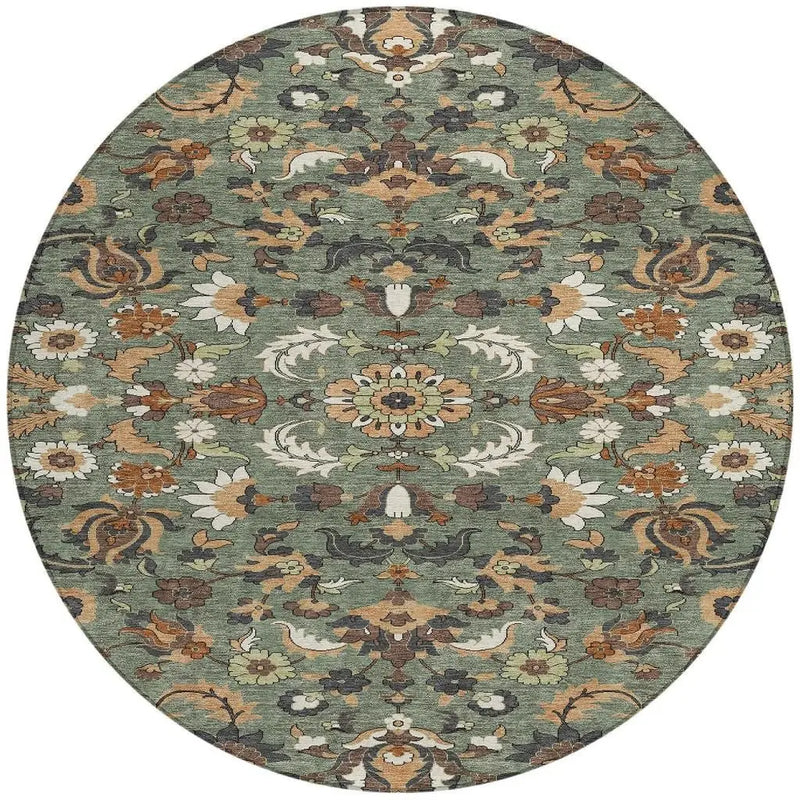 8' Green And Charcoal Round Floral Medallion Washable Indoor Outdoor Area Rug Homeroots Outdoor
