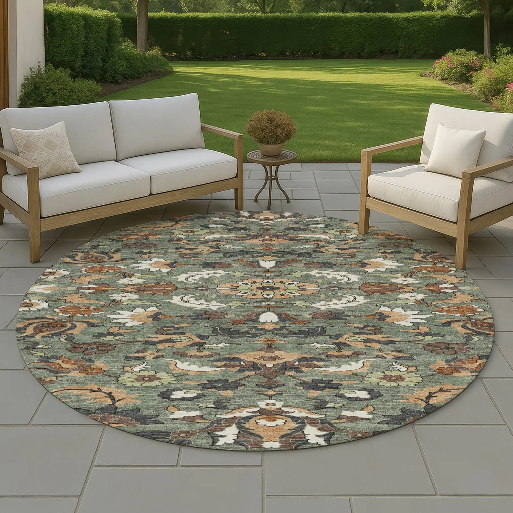 8' Green And Charcoal Round Floral Medallion Washable Indoor Outdoor Area Rug Homeroots Outdoor