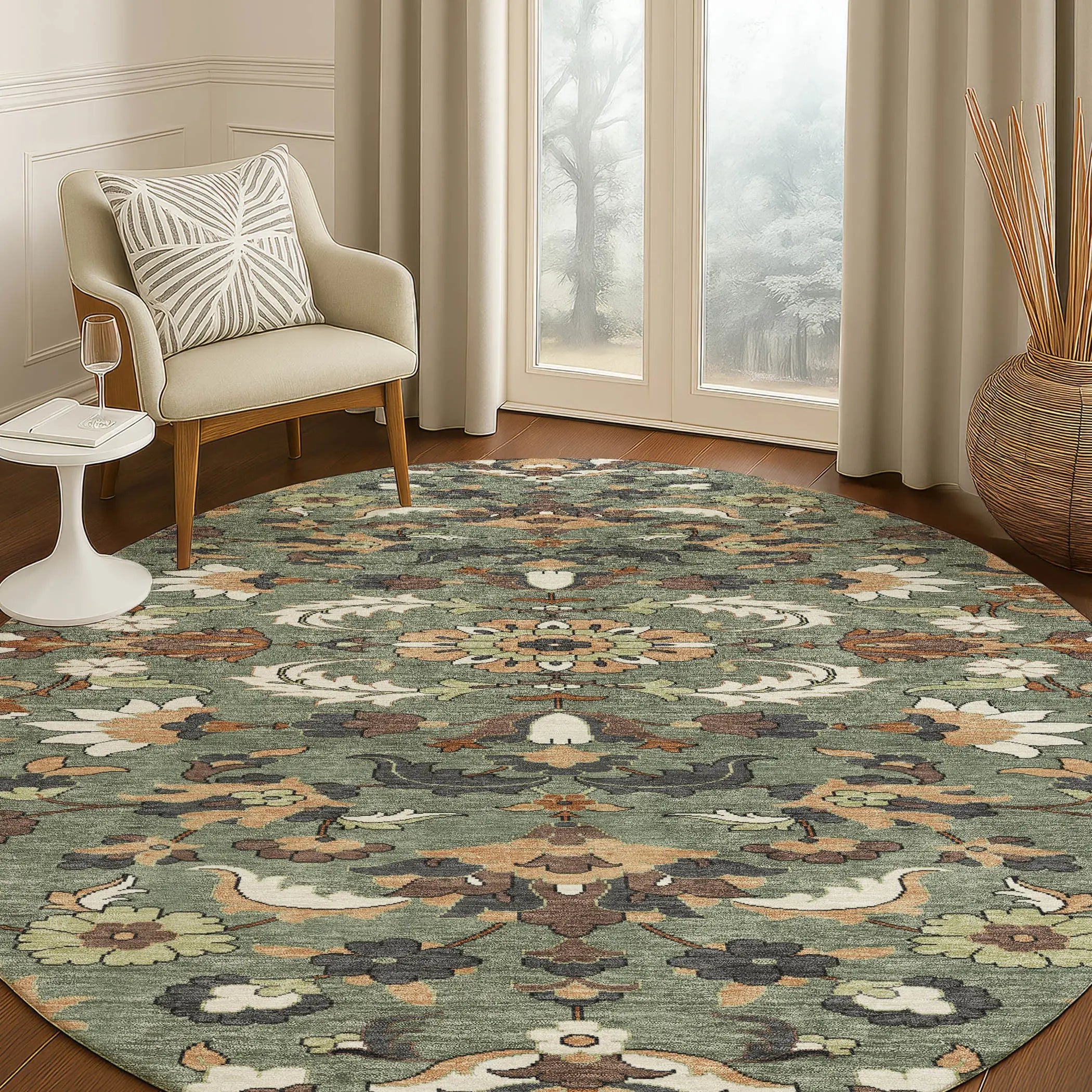 8' Green And Charcoal Round Floral Medallion Washable Indoor Outdoor Area Rug Homeroots Outdoor