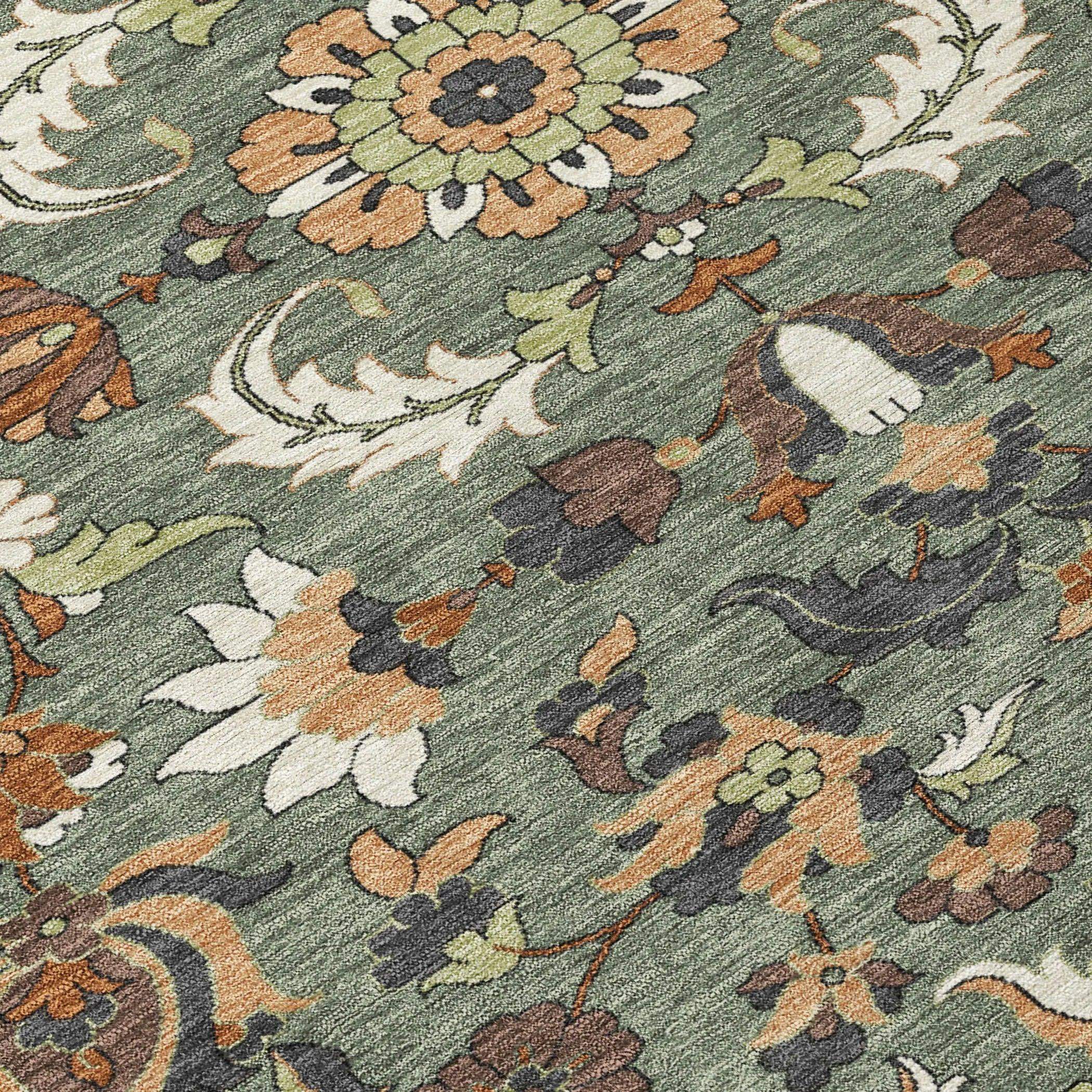 8' Green And Charcoal Round Floral Medallion Washable Indoor Outdoor Area Rug Homeroots Outdoor