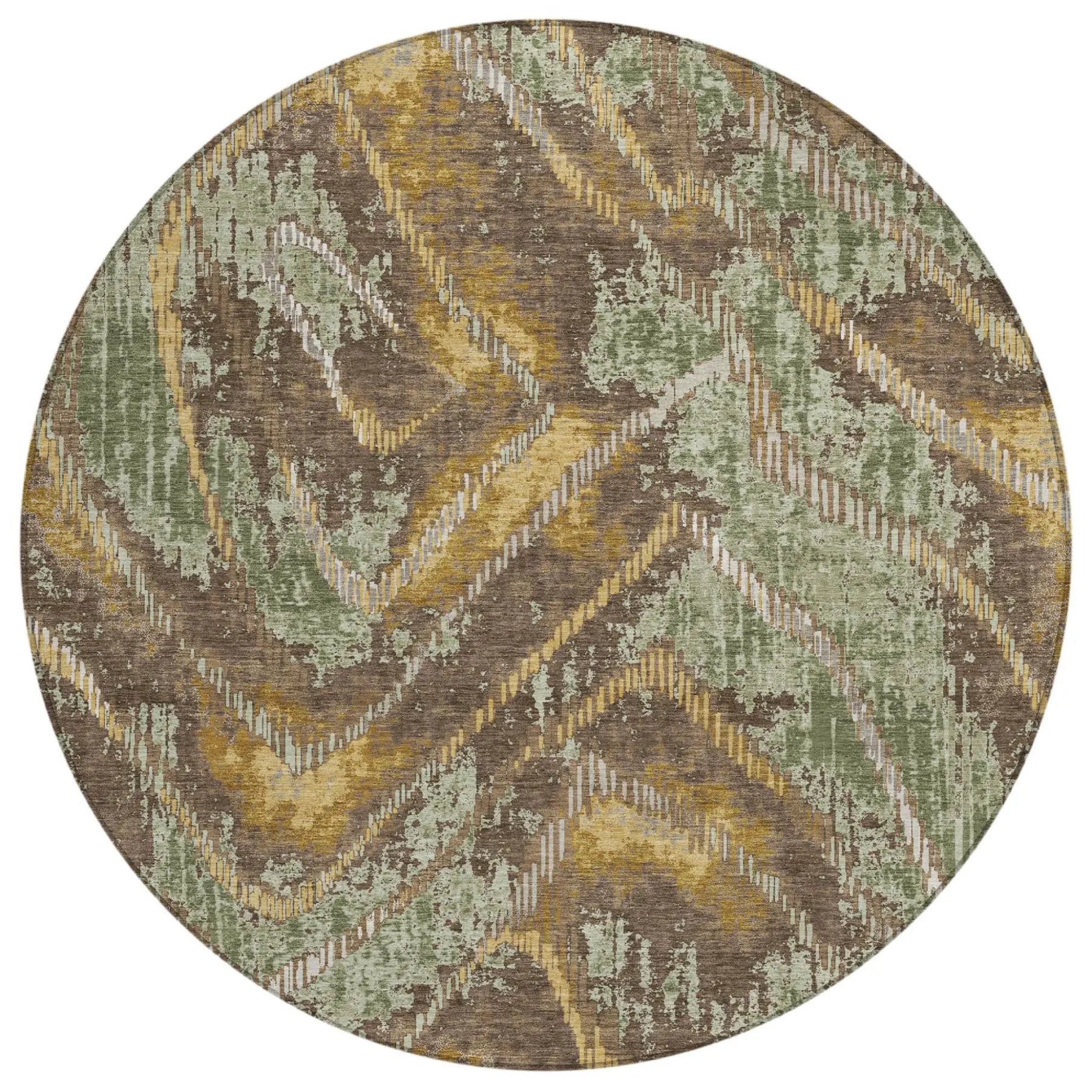 8' Green And Chocolate Round Abstract Washable Indoor Outdoor Area Rug Homeroots Outdoor