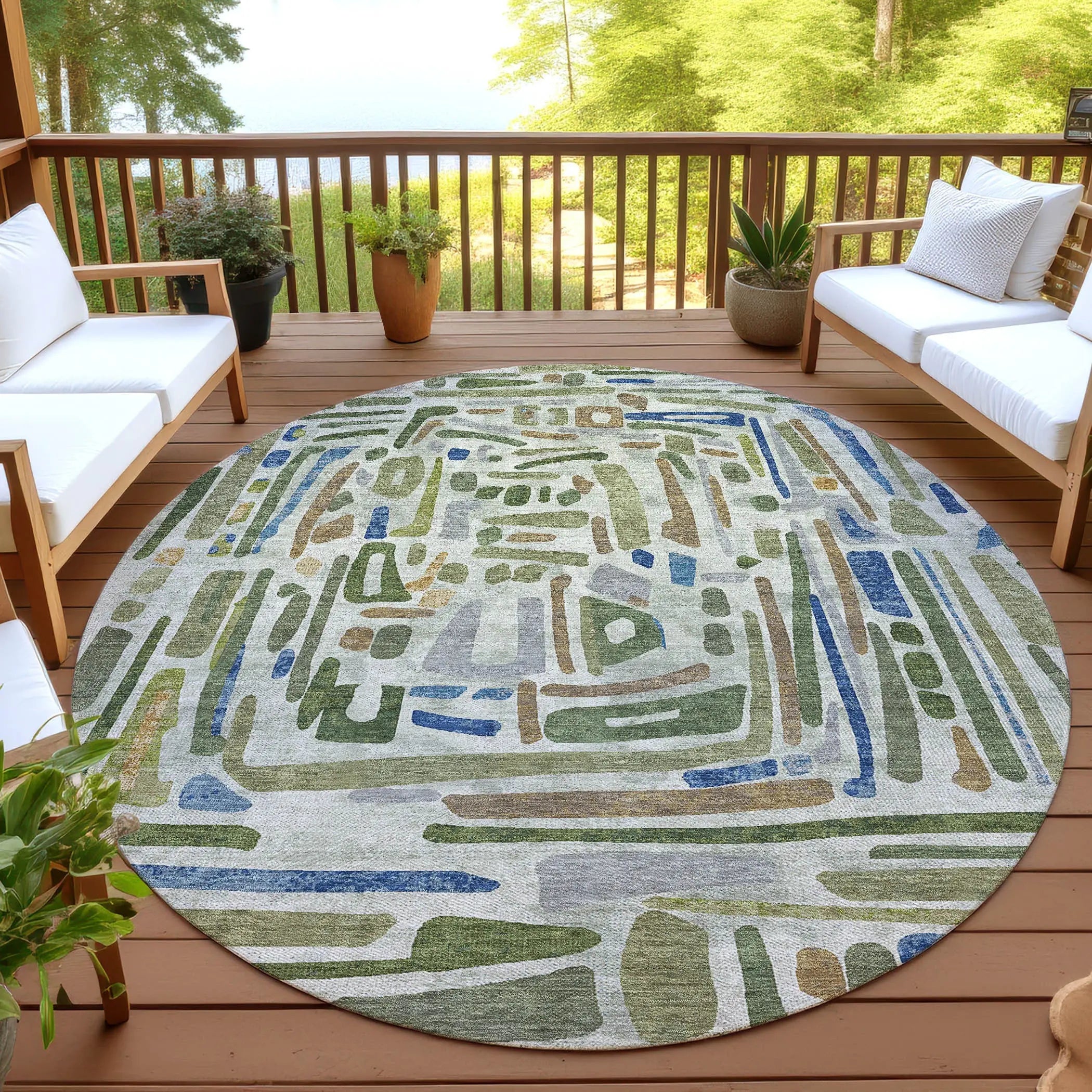 8' Green And Copper Round Abstract Washable Indoor Outdoor Area Rug Homeroots Outdoor