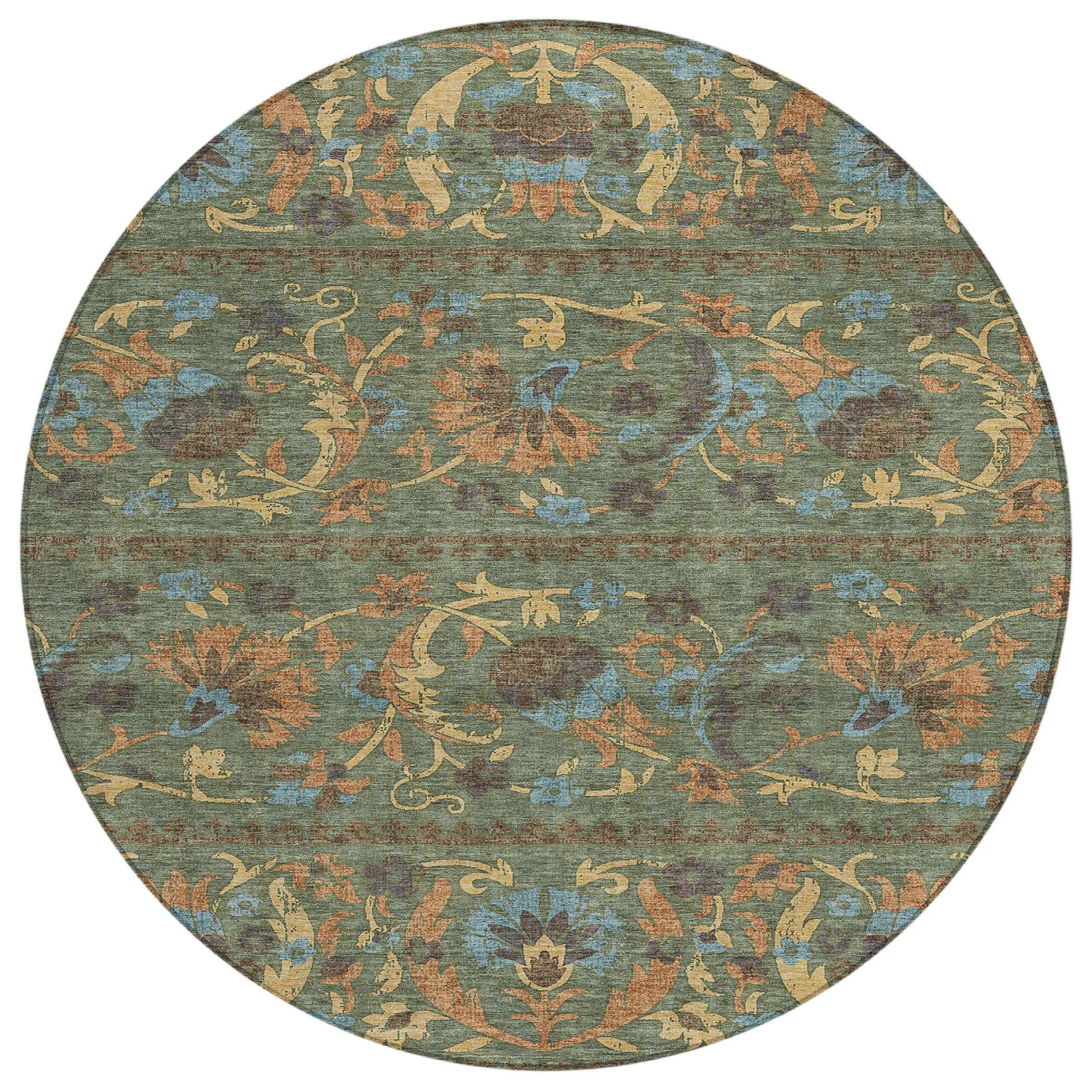 8' Green And Copper Round Floral Washable Indoor Outdoor Area Rug Homeroots Outdoor