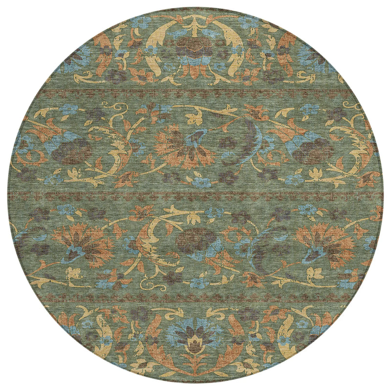 8' Green And Copper Round Floral Washable Indoor Outdoor Area Rug Homeroots Outdoor