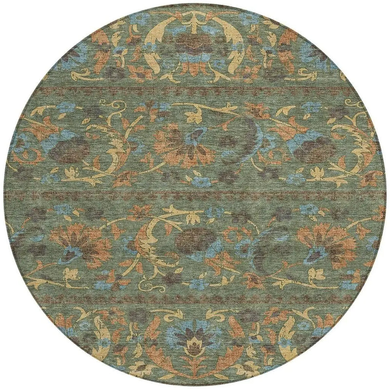 8' Green And Copper Round Floral Washable Indoor Outdoor Area Rug Homeroots Outdoor