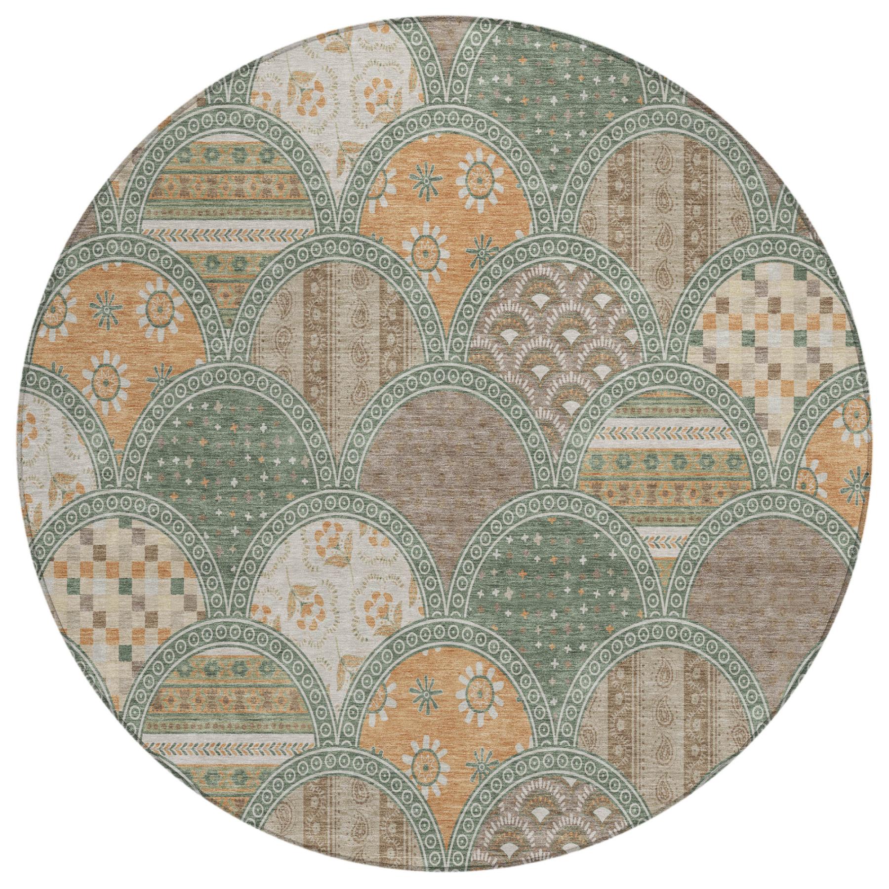 8' Green And Copper Round Geometric Washable Indoor Outdoor Area Rug Homeroots Outdoor