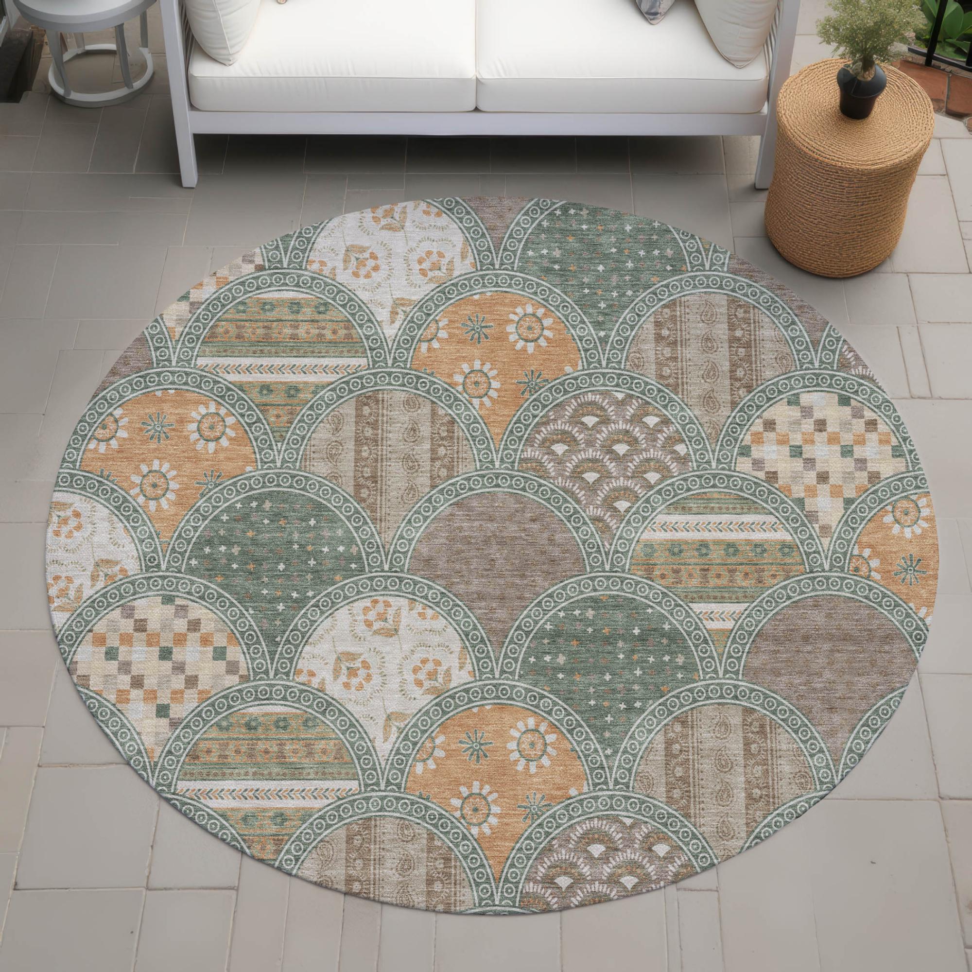 8' Green And Copper Round Geometric Washable Indoor Outdoor Area Rug Homeroots Outdoor