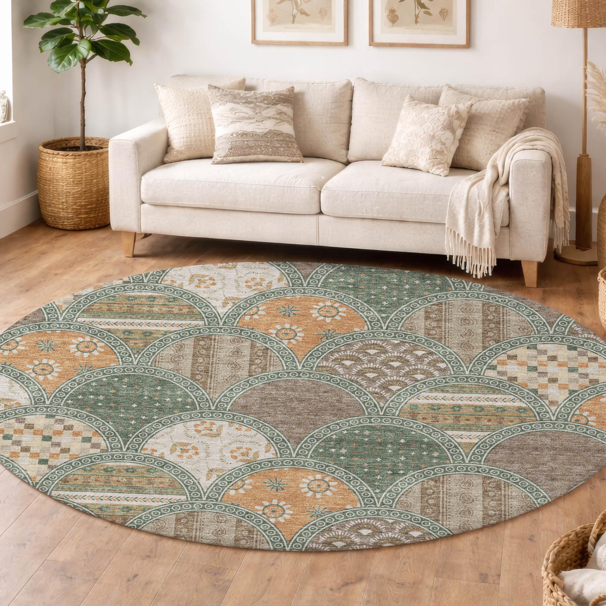 8' Green And Copper Round Geometric Washable Indoor Outdoor Area Rug Homeroots Outdoor