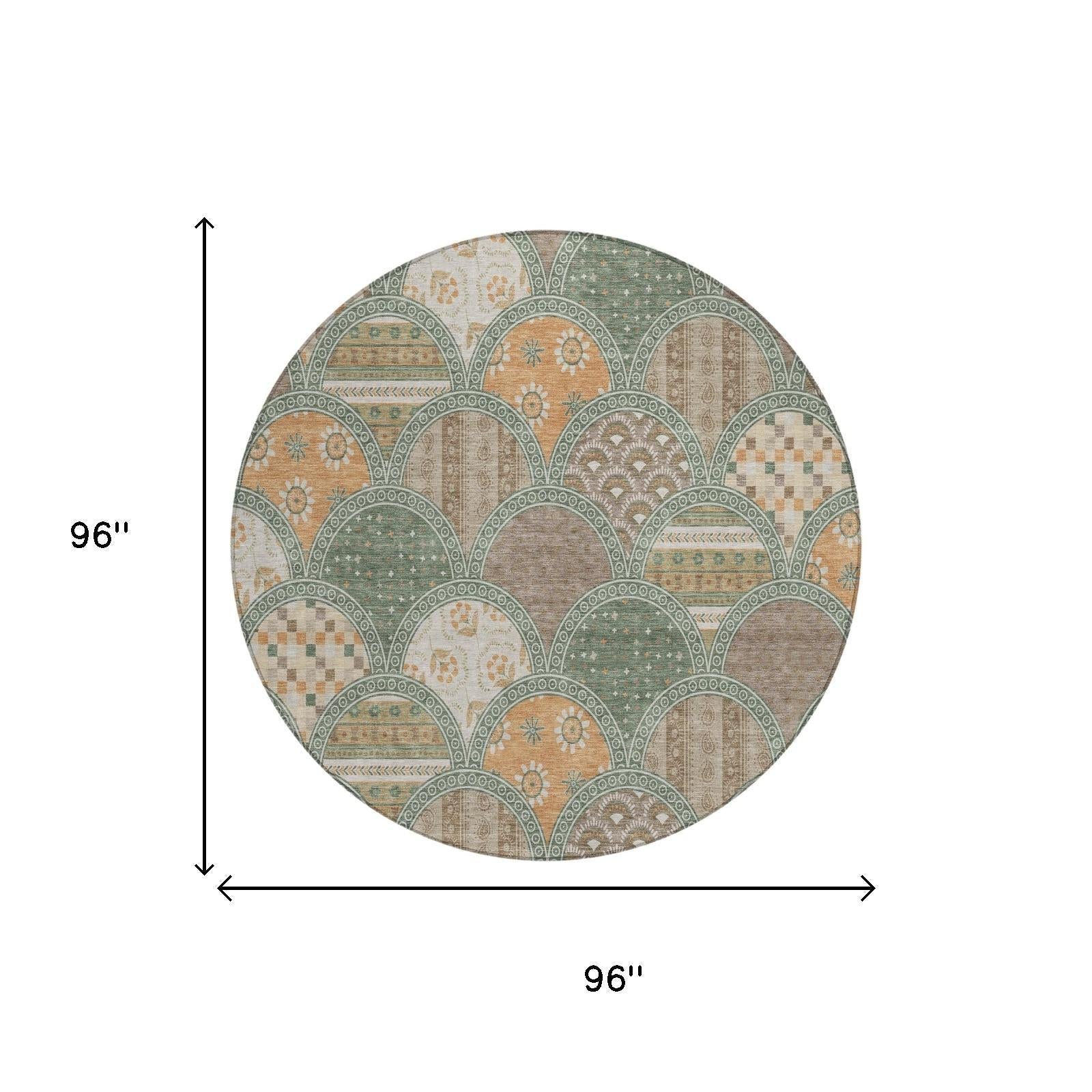 8' Green And Copper Round Geometric Washable Indoor Outdoor Area Rug Homeroots Outdoor