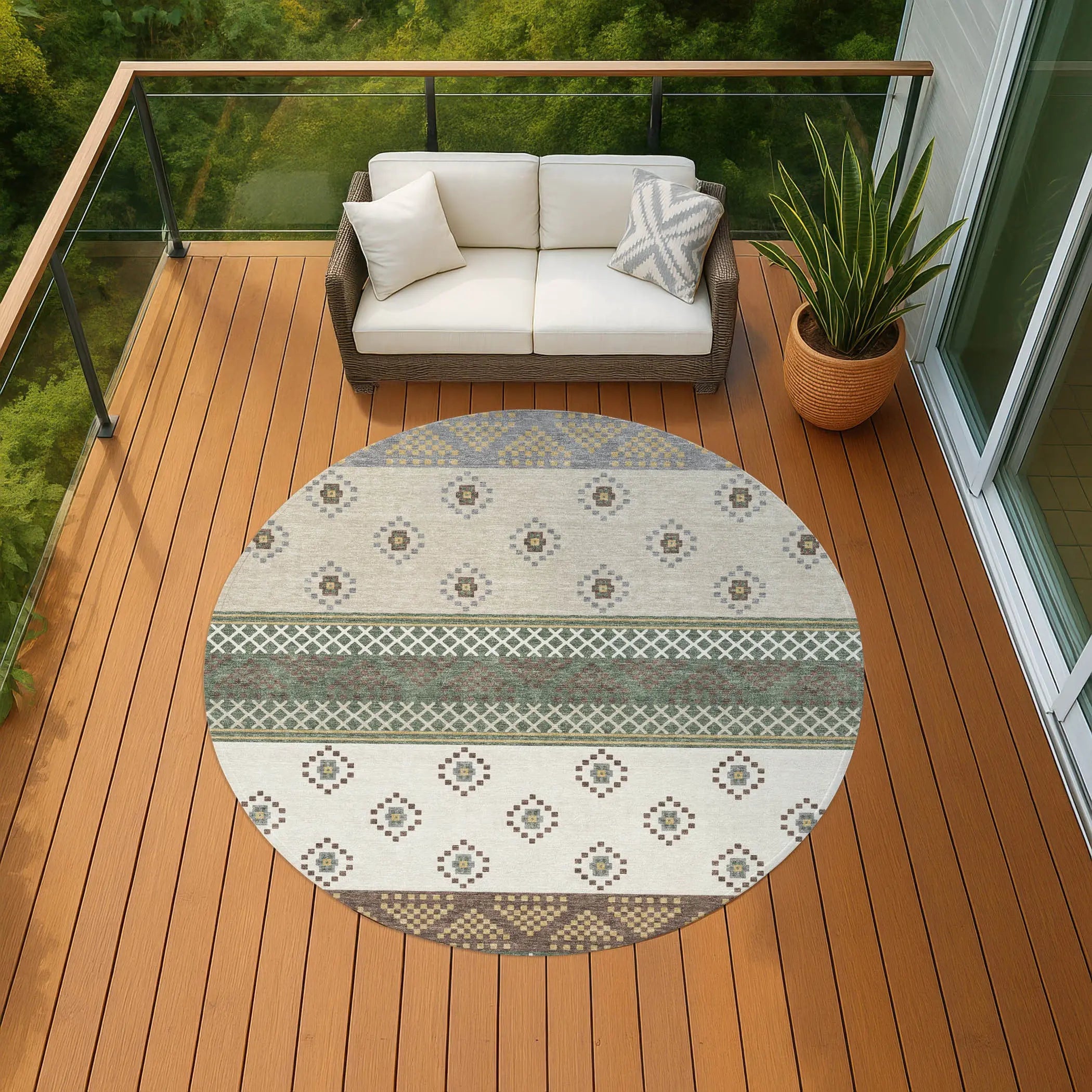 8' Green And Copper Round Striped Washable Indoor Outdoor Area Rug Homeroots Outdoor