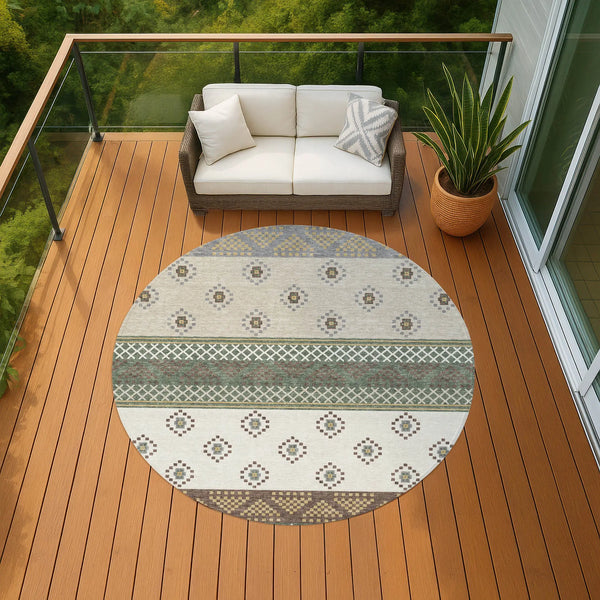 8' Green And Copper Round Striped Washable Indoor Outdoor Area Rug Homeroots Outdoor