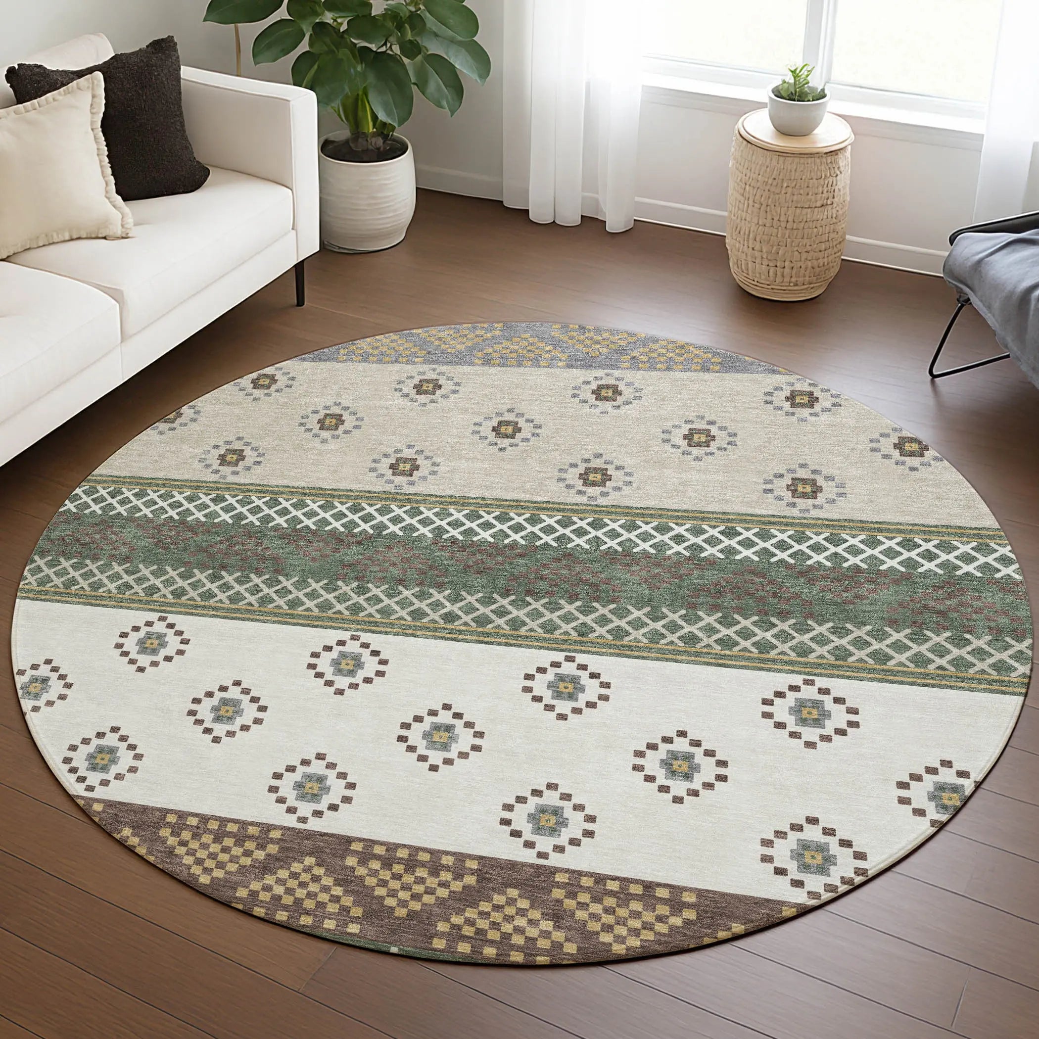8' Green And Copper Round Striped Washable Indoor Outdoor Area Rug Homeroots Outdoor