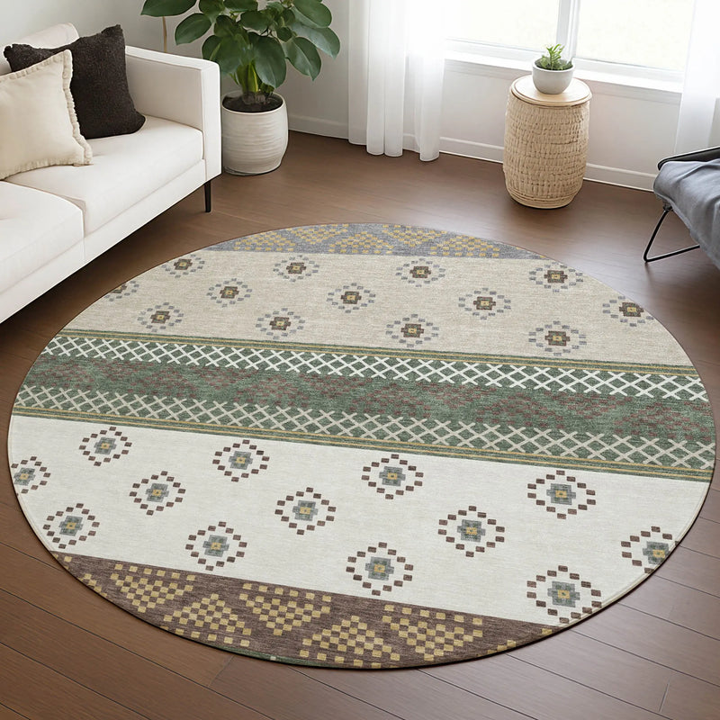8' Green And Copper Round Striped Washable Indoor Outdoor Area Rug Homeroots Outdoor