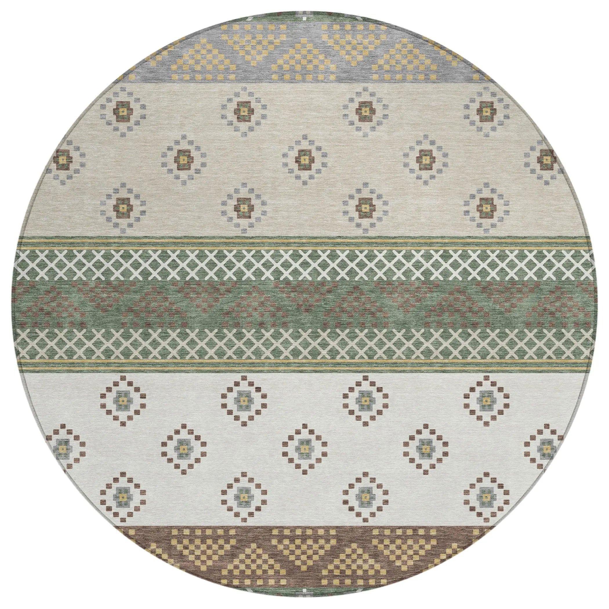 8' Green And Copper Round Striped Washable Indoor Outdoor Area Rug Homeroots Outdoor
