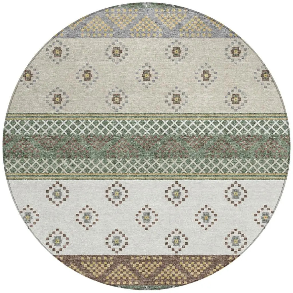 8' Green And Copper Round Striped Washable Indoor Outdoor Area Rug Homeroots Outdoor