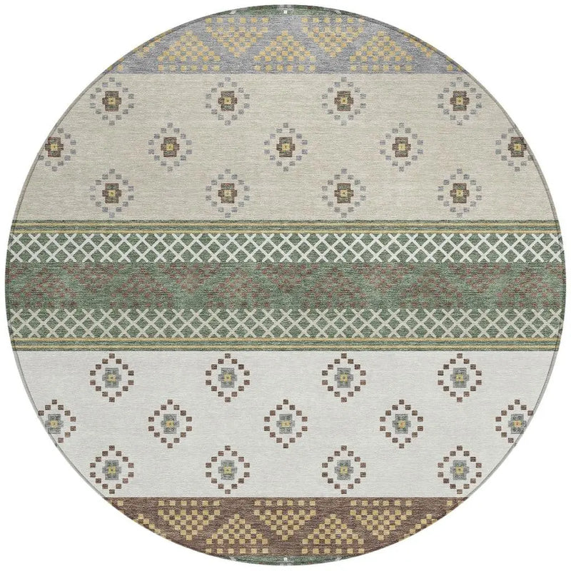 8' Green And Copper Round Striped Washable Indoor Outdoor Area Rug Homeroots Outdoor