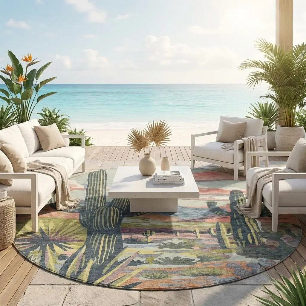 8' Green And Coral Round Trees Washable Indoor Outdoor Area Rug Homeroots Outdoor