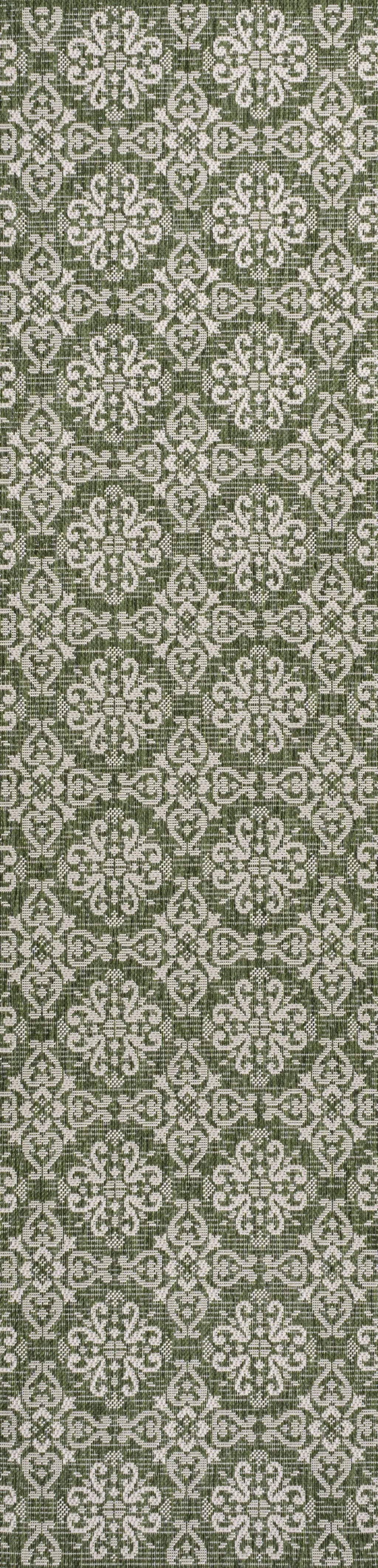 8' Green And Cream Floral Indoor Outdoor Runner Rug Homeroots Outdoor