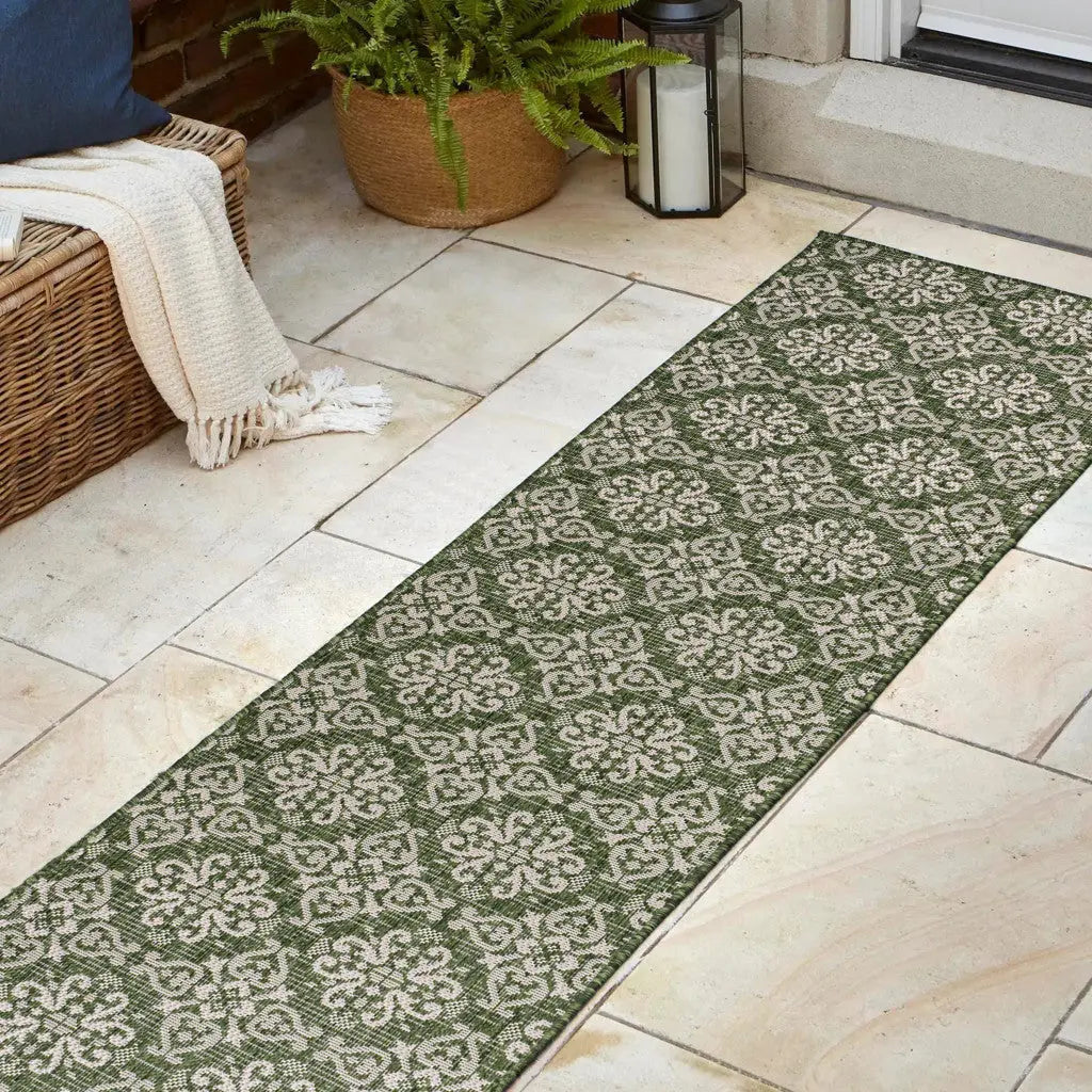 8' Green And Cream Floral Indoor Outdoor Runner Rug Homeroots Outdoor