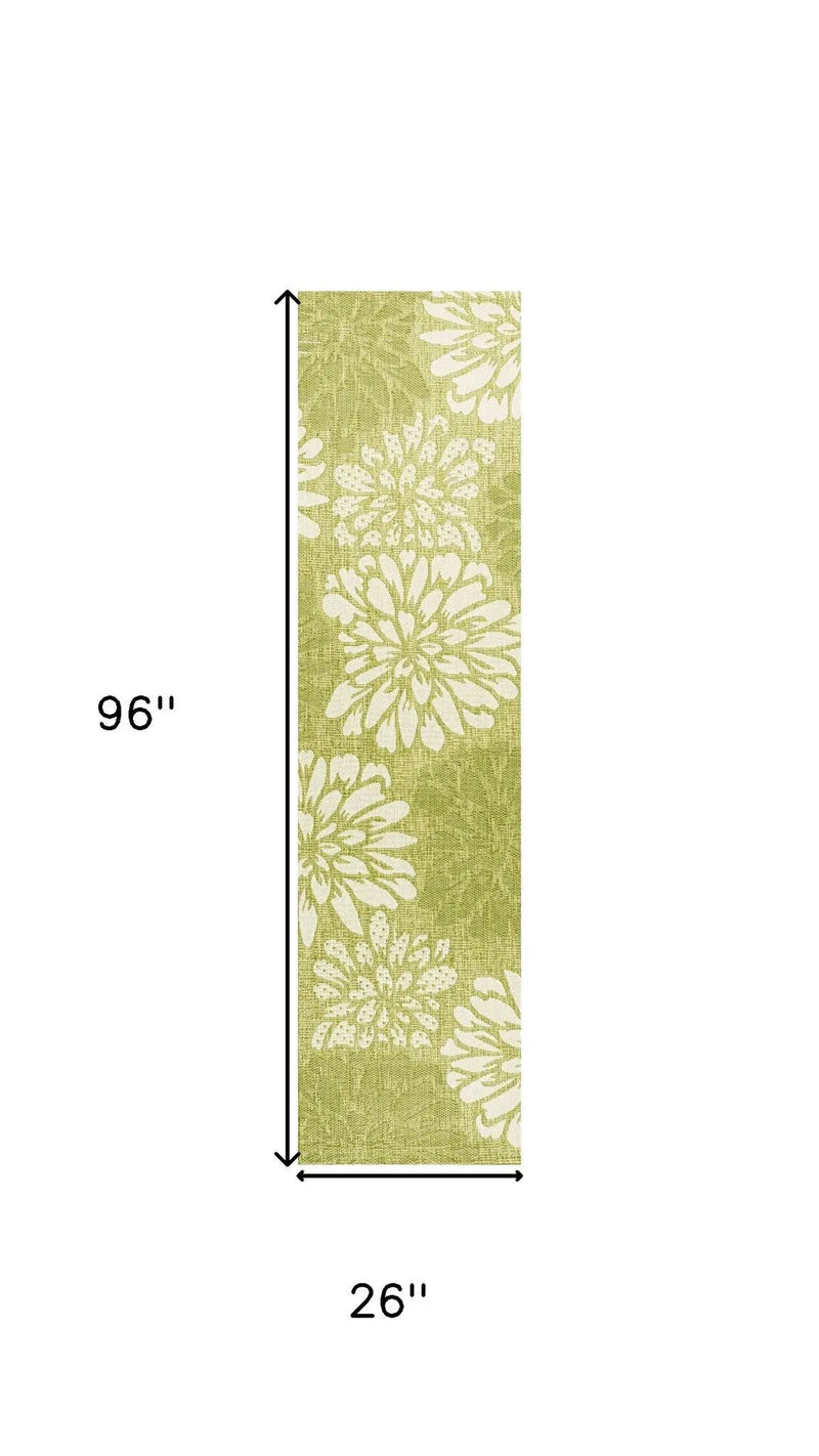 8' Green And Cream Floral Indoor Outdoor Runner Rug Homeroots Outdoor
