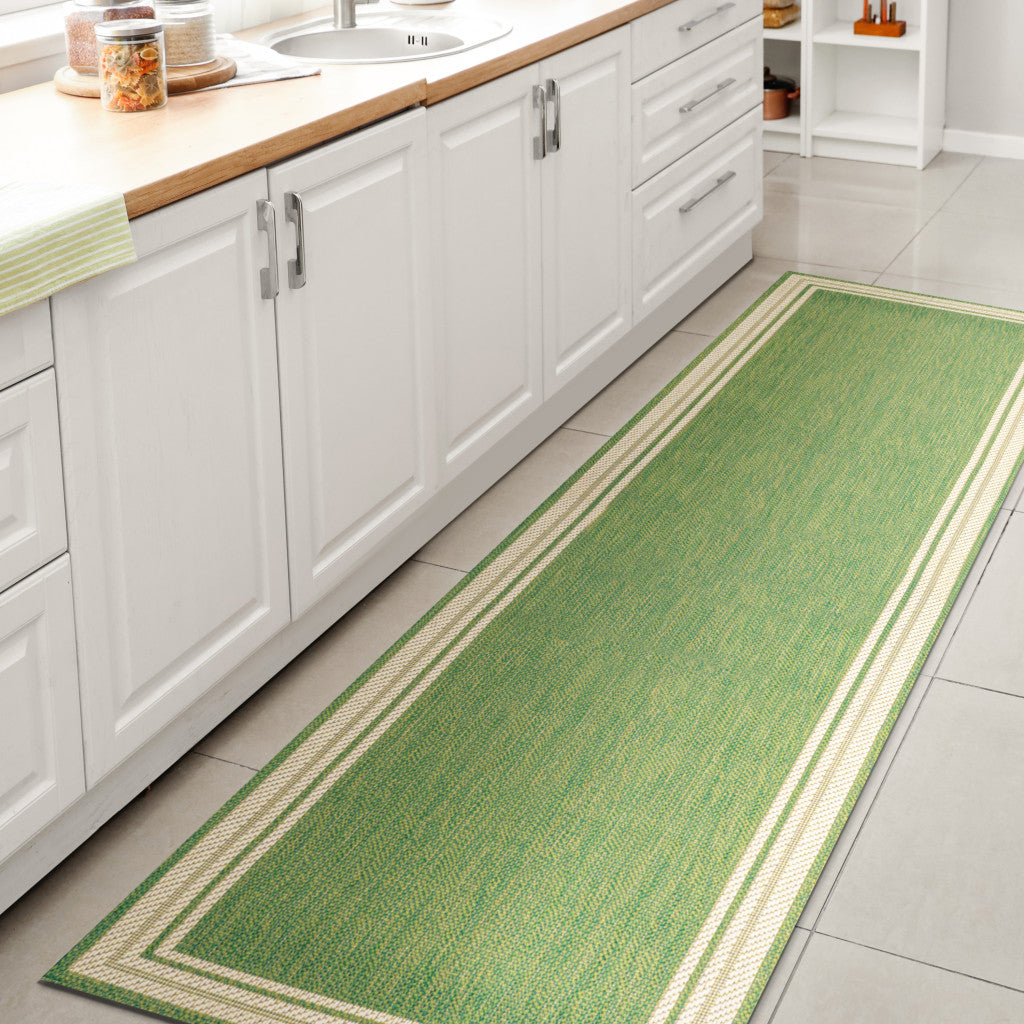 8' Green And Cream Indoor Outdoor Runner Rug - GreatEagleInc