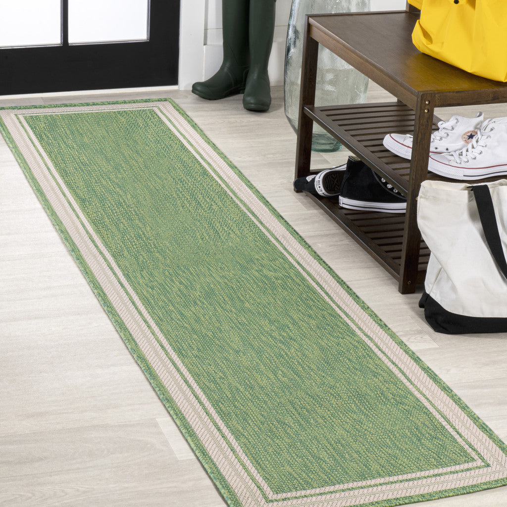 8' Green And Cream Indoor Outdoor Runner Rug - GreatEagleInc