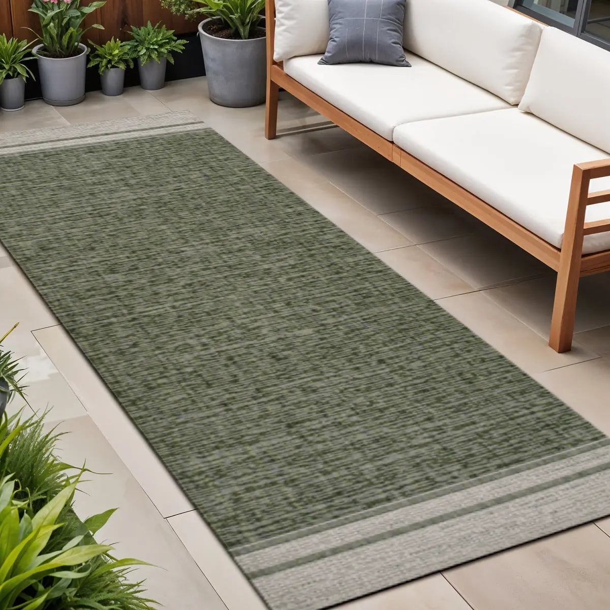 8' Green And Cream Indoor Outdoor Runner Rug Homeroots Outdoor