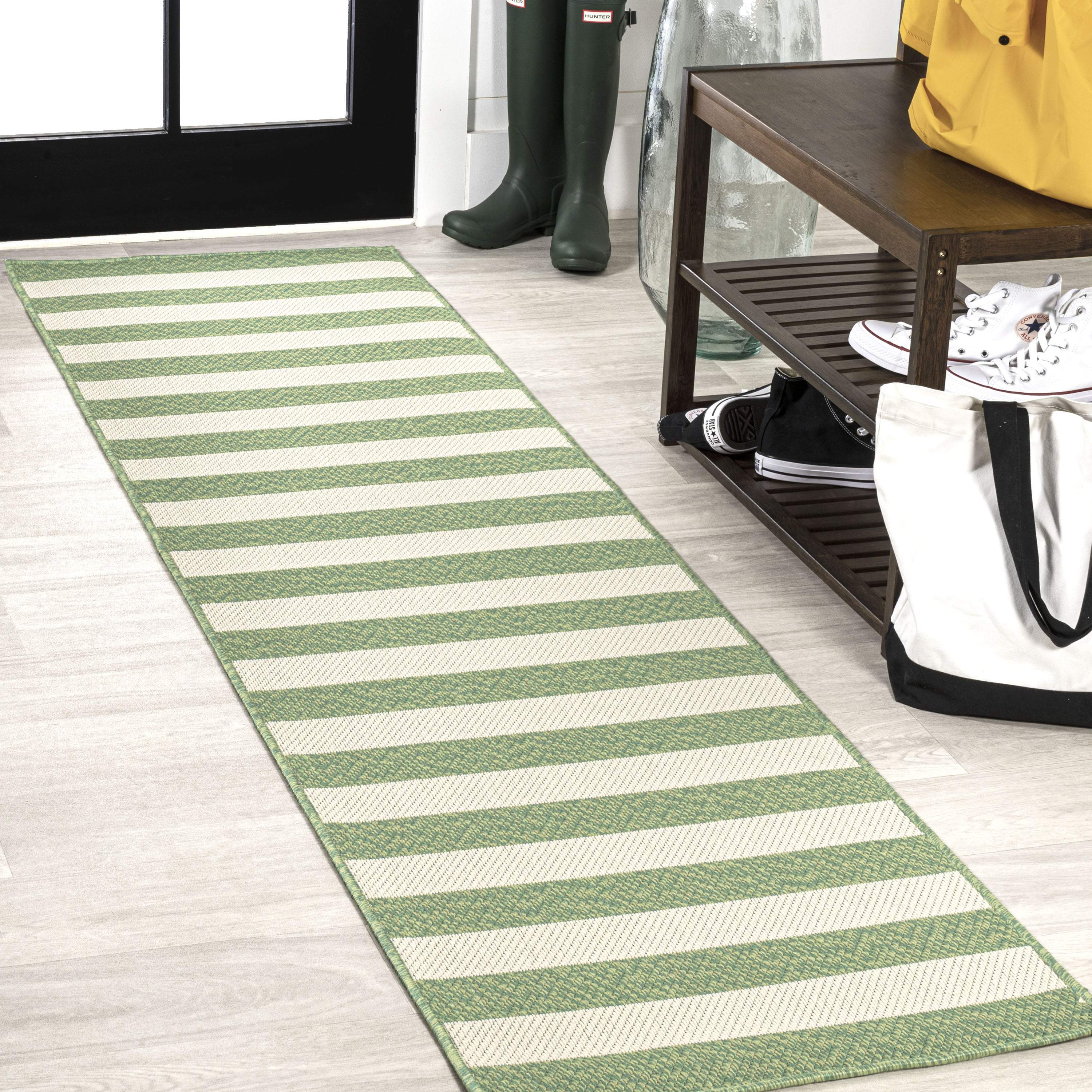 8' Green And Cream Striped Indoor Outdoor Runner Rug - GreatEagleInc