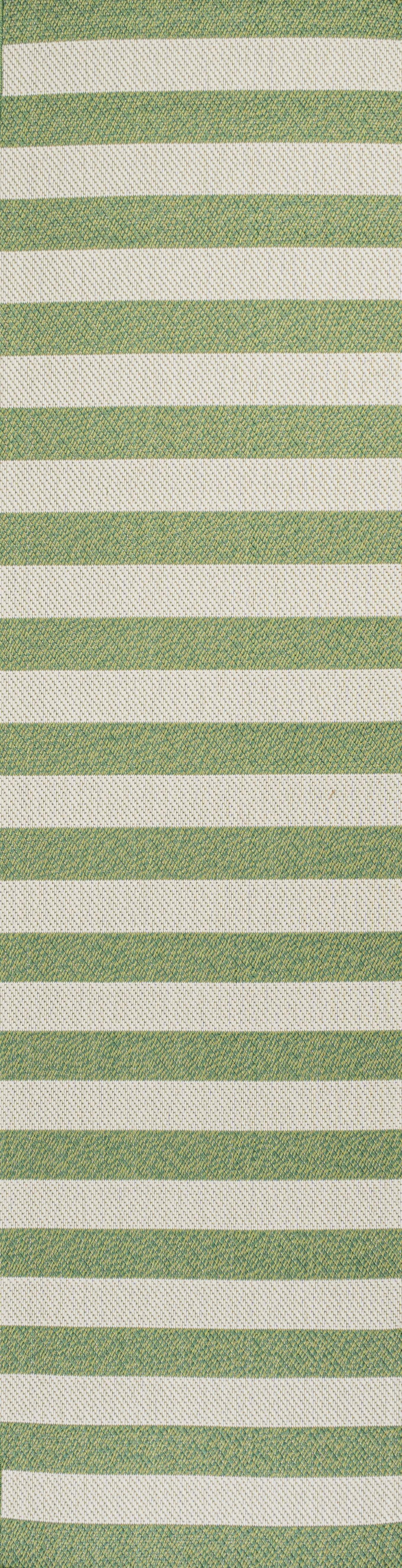 8' Green And Cream Striped Indoor Outdoor Runner Rug - GreatEagleInc