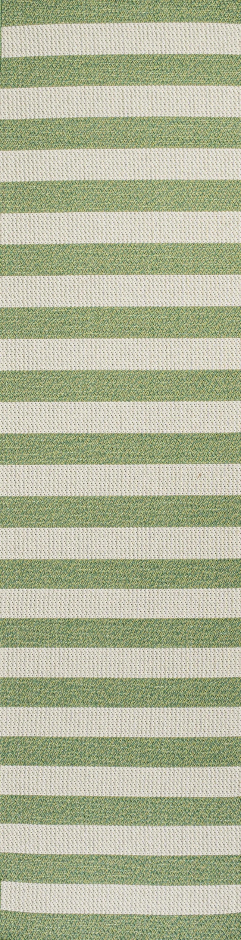 8' Green And Cream Striped Indoor Outdoor Runner Rug - GreatEagleInc