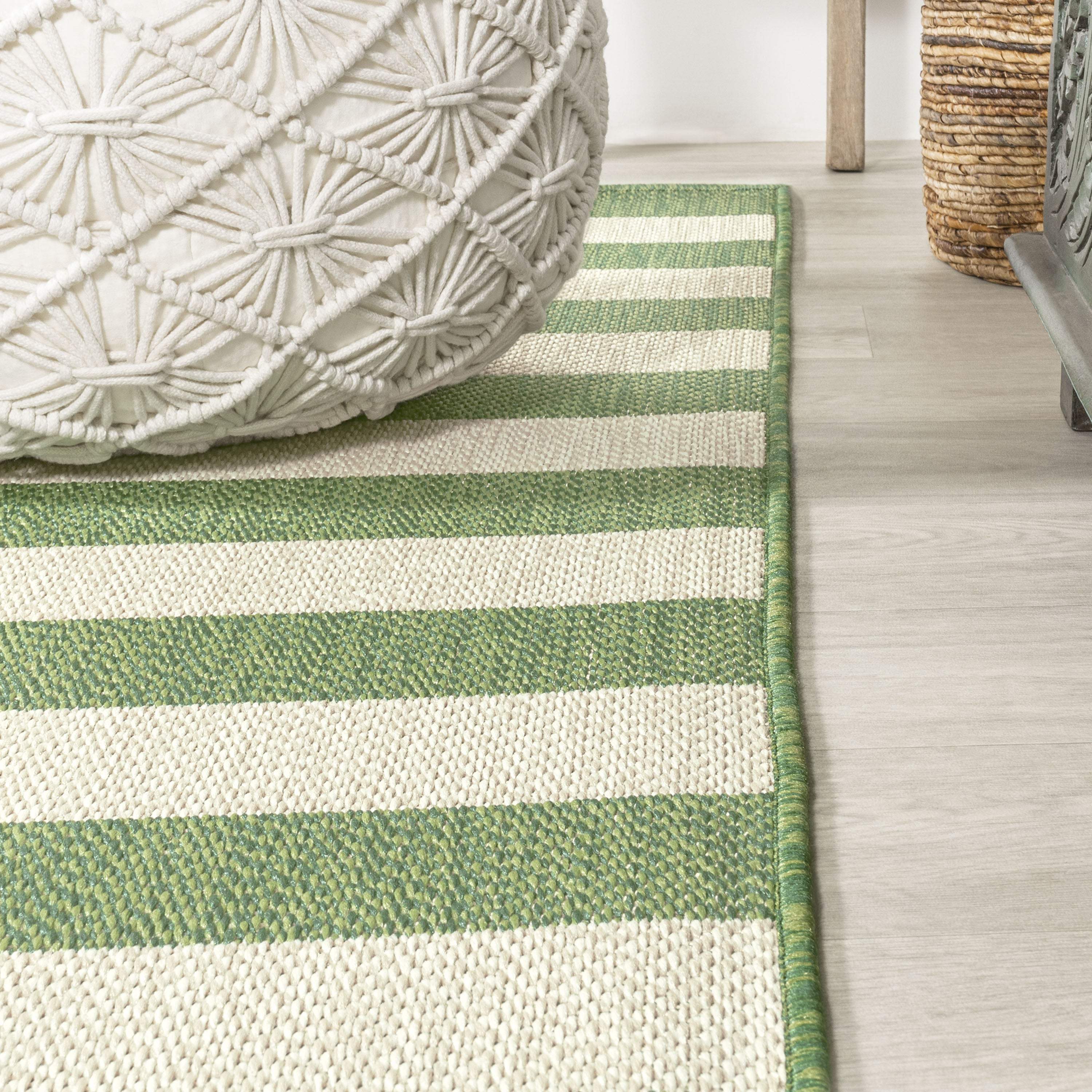 8' Green And Cream Striped Indoor Outdoor Runner Rug - GreatEagleInc