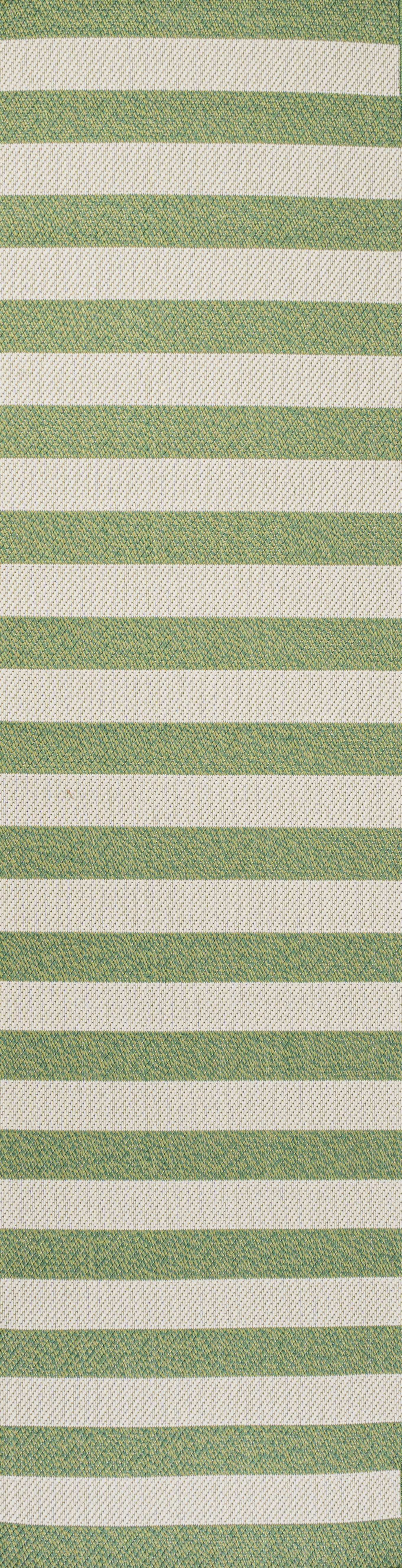 8' Green And Cream Striped Indoor Outdoor Runner Rug - GreatEagleInc