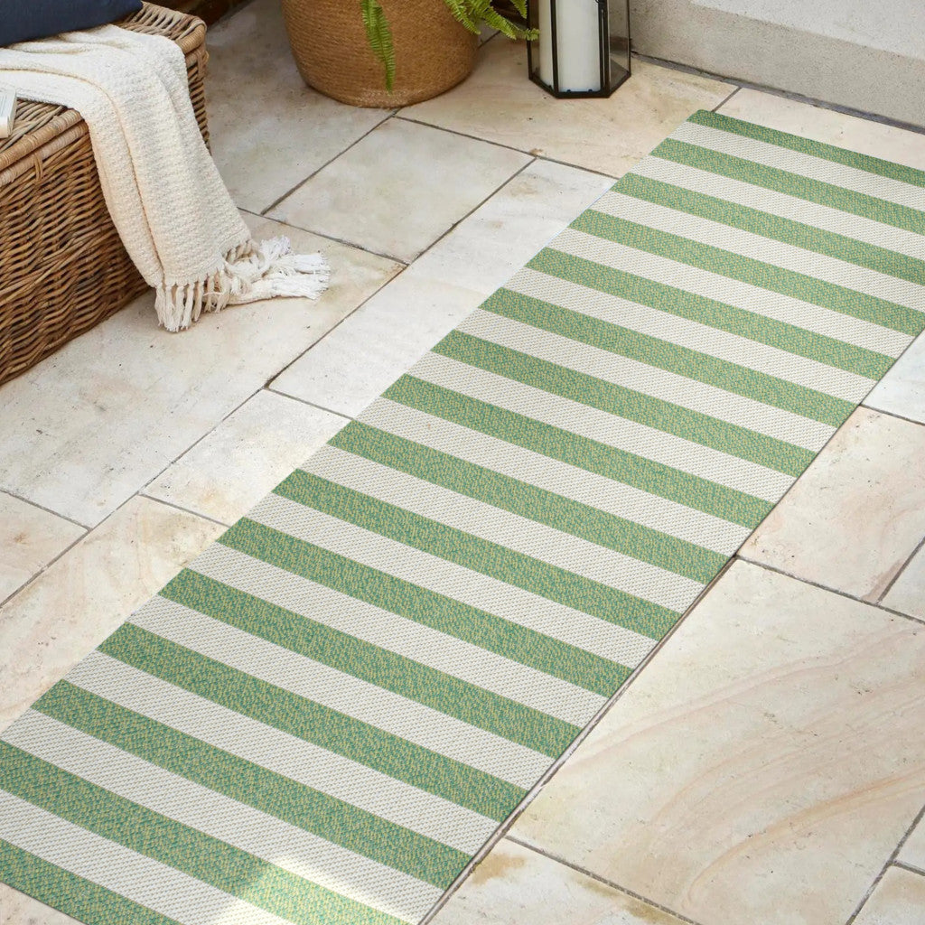 8' Green And Cream Striped Indoor Outdoor Runner Rug - GreatEagleInc