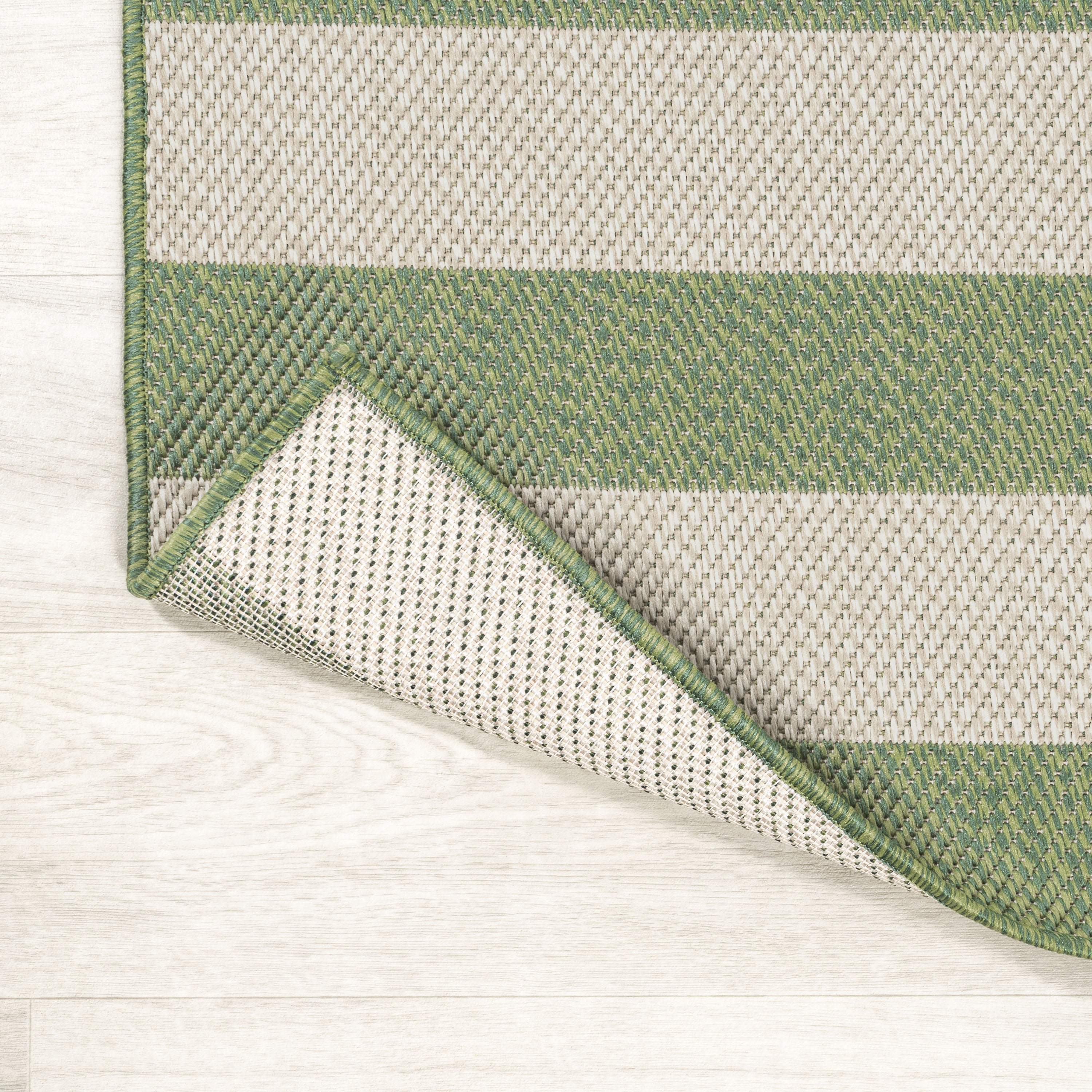 8' Green And Cream Striped Indoor Outdoor Runner Rug - GreatEagleInc