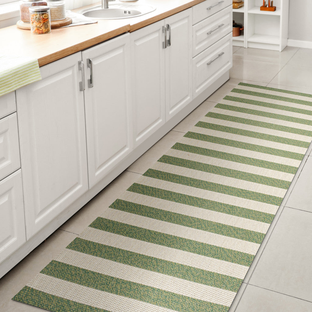 8' Green And Cream Striped Indoor Outdoor Runner Rug - GreatEagleInc