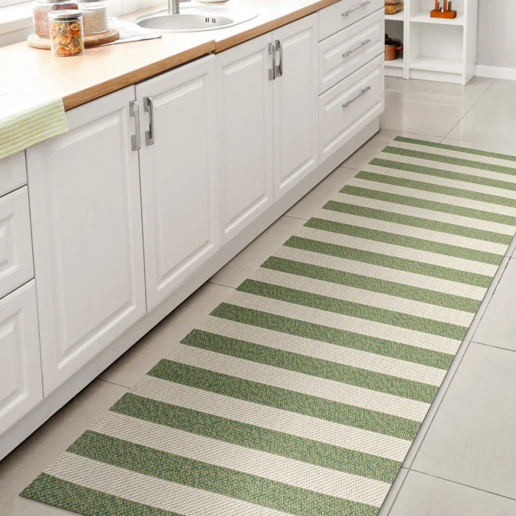 8' Green And Cream Striped Indoor Outdoor Runner Rug - GreatEagleInc